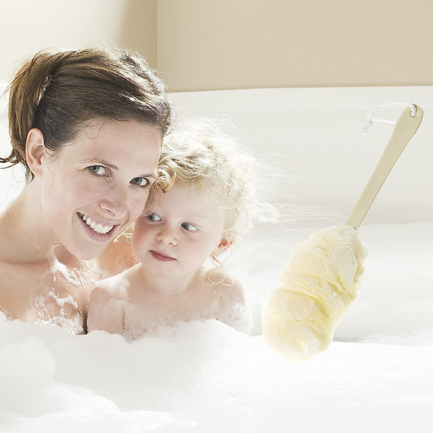 6702 Loofah Back Scrubber for Shower, Long Handle Bath Sponge Shower Brush, Soft Nylon Mesh Back Cleaner Washer, Body Bath Brush for Women and Men, Bathroom Shower Accessories