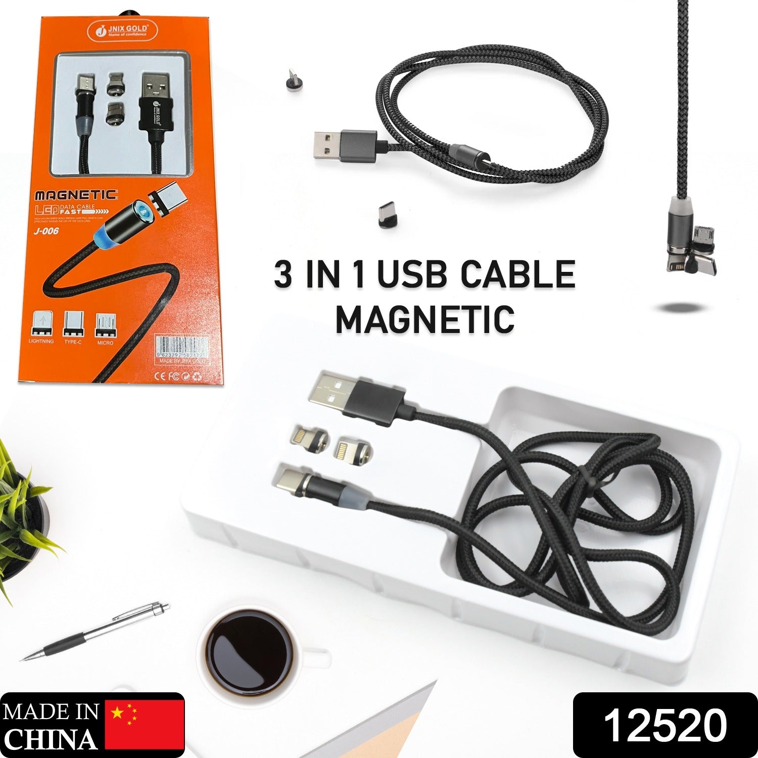 12520 Magnetic Charging Cable 3 in 1 Metal Magnetic Micro USB Type C Lighting Cable with LED, Multiple Charging Adapters for All Android and all Smartphones (Compatible with All Android and iPhone Smartphones, Tablet, PC, Mobile