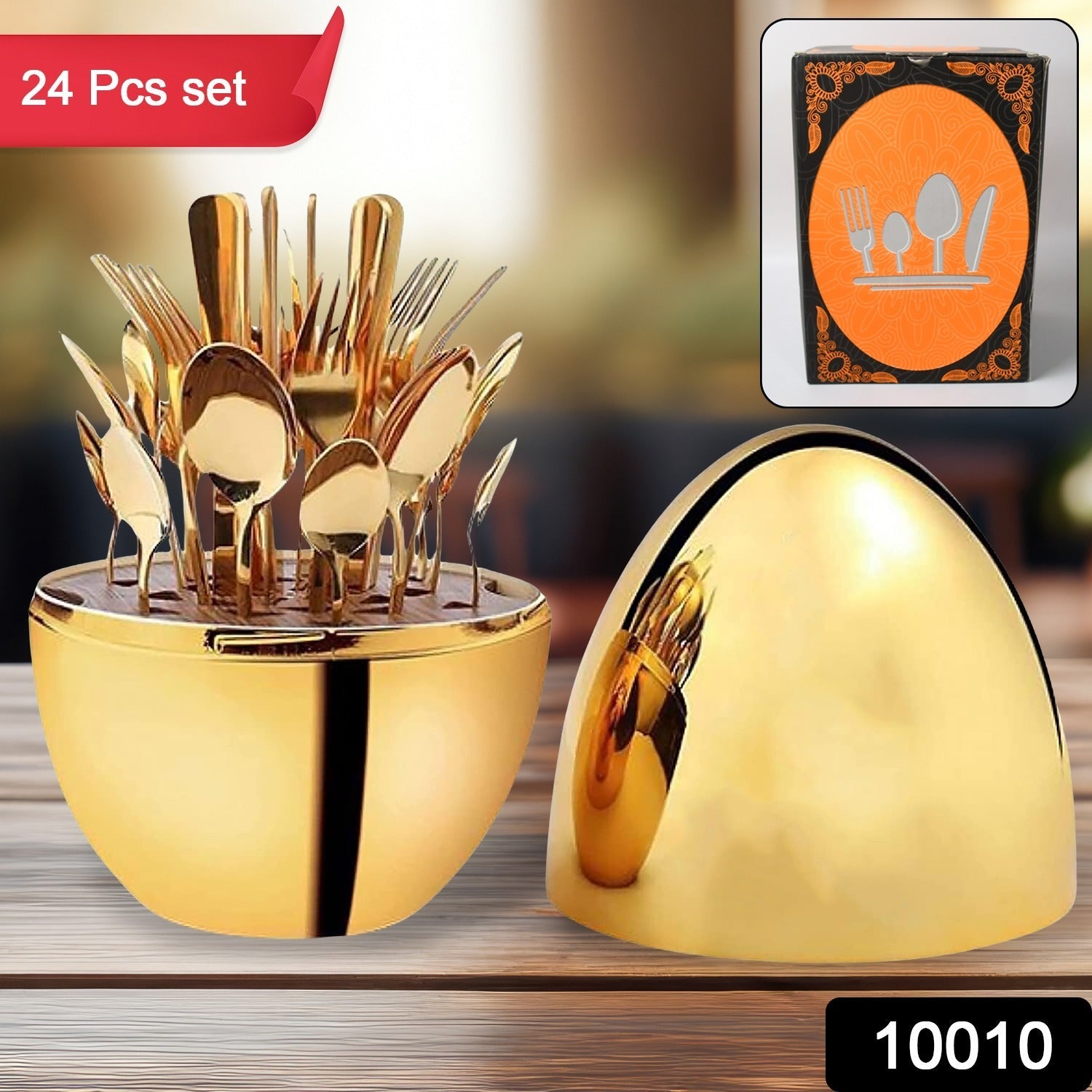 10010 Premium Cutlery Set 24 Pcs with Oval Shaped Stand | Beautiful Stylish Oval Designed Cutlery Sets, Egg-Shaped Luxury Spoon Holder Set (Golden / 24 pcs set)