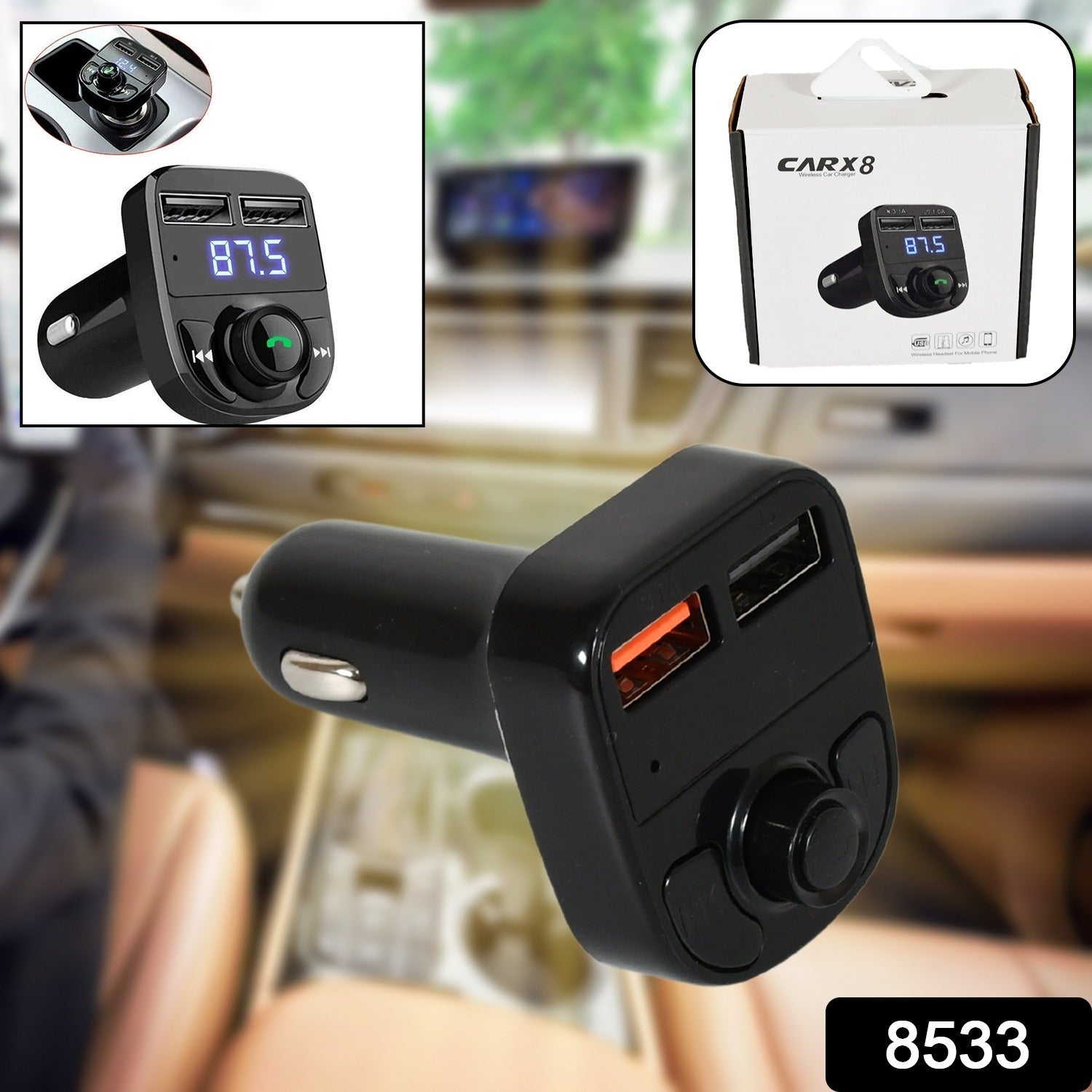 8533 CAR-X8 Bluetooth FM Transmitter Kit for Hands-Free Call Receiver / Music Player / Call Receiver / Fast Mobile Charger Ports for All Smartphones with 3.1A Quick Charge Dual USB Car Charger