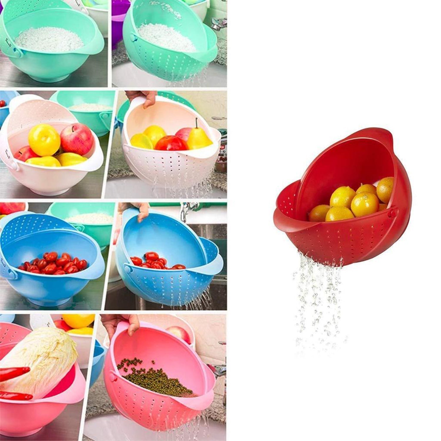 2145 Plastic Revolving Multi Functional Rice, Vegetable Fruit Wash Basket Bowl (Multi Colour)