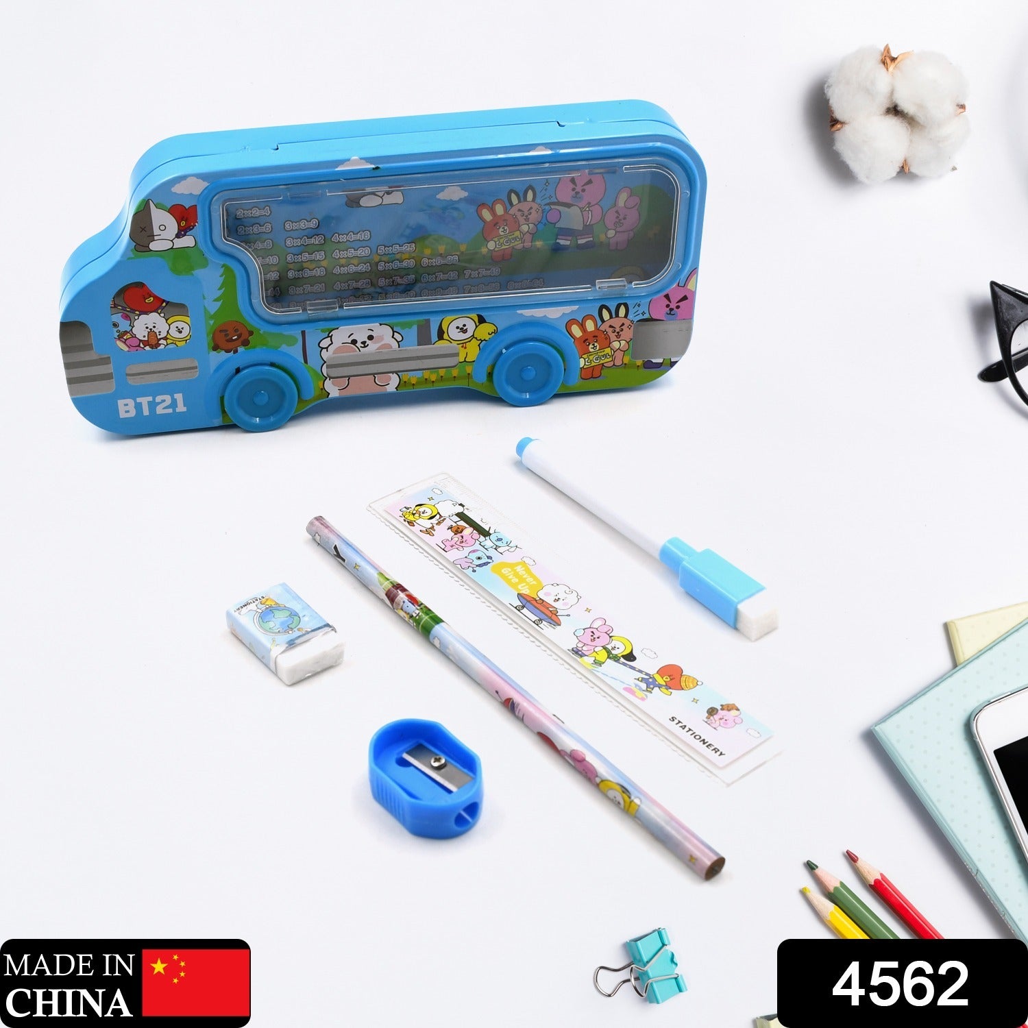 4562 Bus Shape Compass Box for Boys, Kids School Accessories | Pencil Box with Wheels for Girls and Kids, String Operated Case Students School Supplies - Stationery Set Organizer Birthday Return Gift for Kids