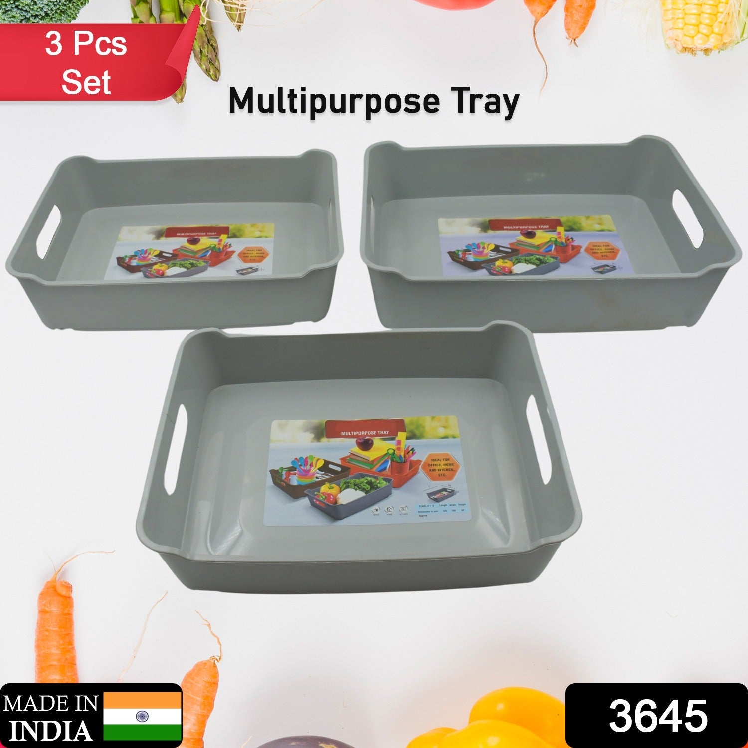 3645 Multipurpose Organising & Storage Plastic Tray, Fruit & Vegetable/ Multi Purpose Tray, Organizer for Kitchen, Countertop, Cabinet, Bathroom Plastic Storage Basket For Store Fruits, Vegetables, Magazines, Cosmetics, Stationary Set of 3