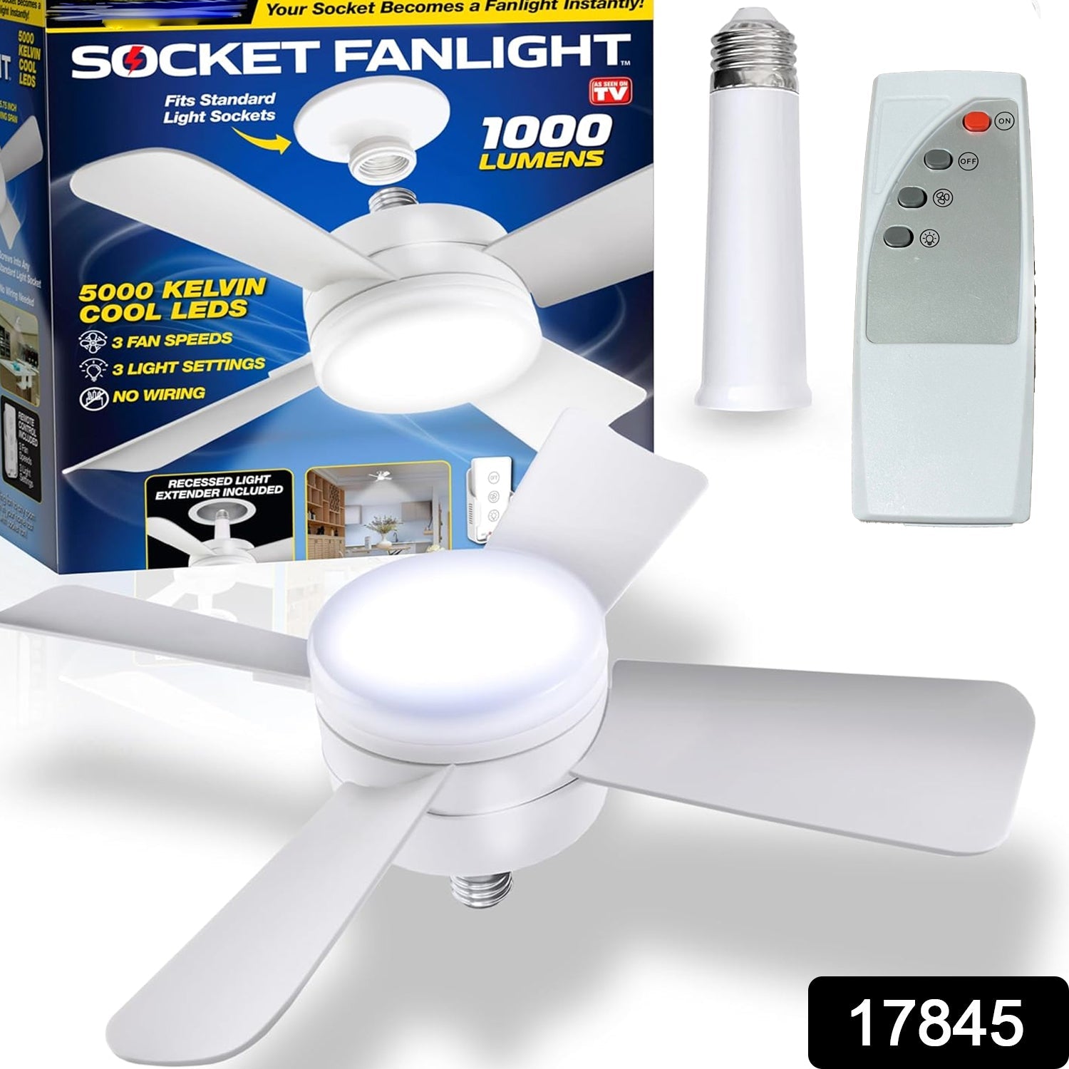 17845 Socket Fan Light Original - Cool Light LED โ Ceiling Fans with Lights and Remote Control, Replacement for Lightbulb - Bedroom, Kitchen, Living Room,1000 Lumens / 5000 Kelvins Cool LEDs (Remote Battery Not Included)
