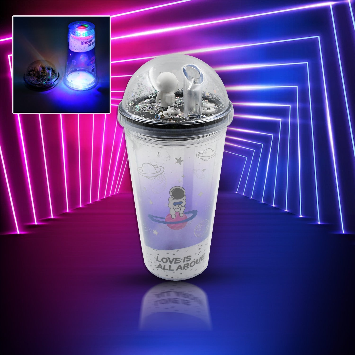 6883B LED Glow Light, Design Printed Insulated Double Wall Plastic Tumbler Cups With Straws 13oz Theming Astronaut in Space Travel Tumbler Freezer Mug Drinking Cups for Boys and Girls School/Tuition/Gym/ Picnic (Pack Of 1)