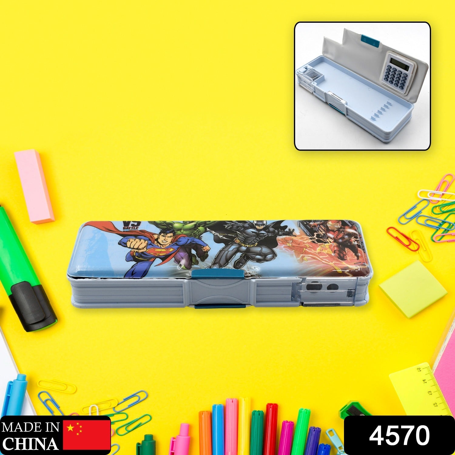 4570 Double Sided Magnetic Geometry Box, Pencil Box with Calculator and Sharpener for Boys Art Plastic Pencil Box for Girls and Boys