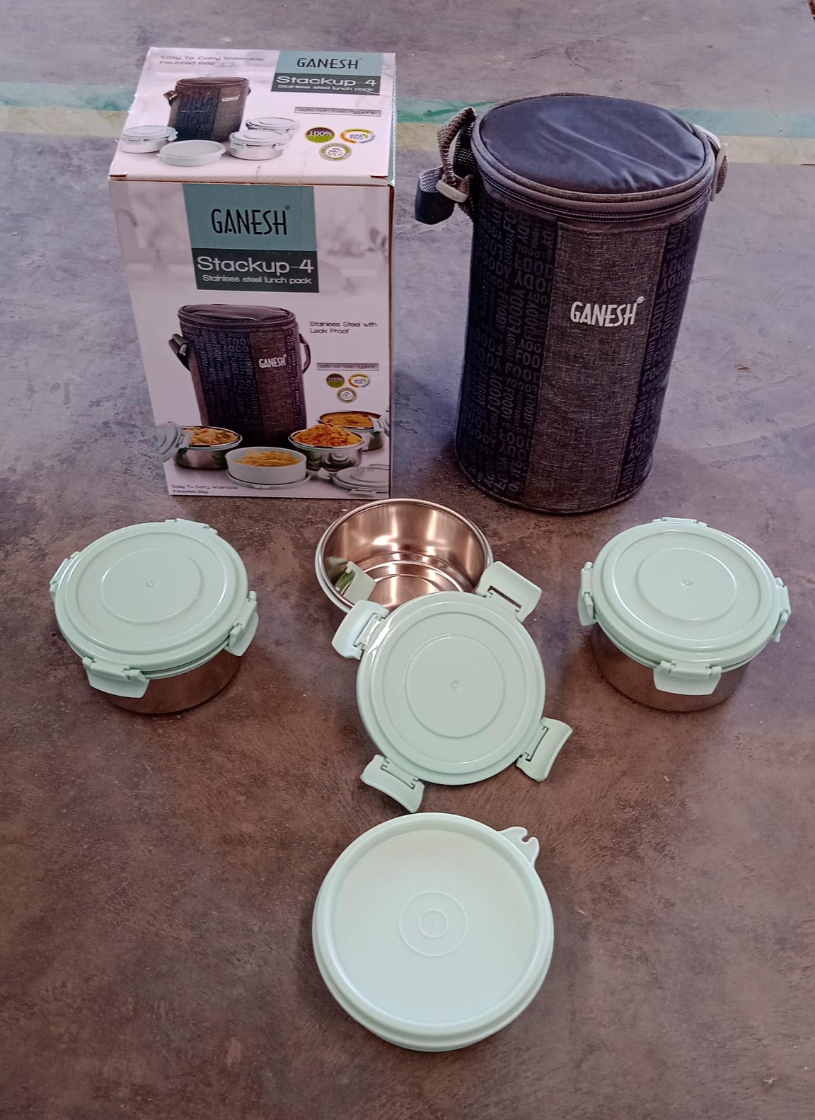 8717 Ganesh 4In1 Tiffin Box-Lunch Box | 3 Stainless Steel Containers 300 Ml Approx & Plastic Salad Container 200 Ml Approx| Plastic lid Box | Round Zip Bag | Leak Proof | Microwave Safe for Office, College and School for Men, Women