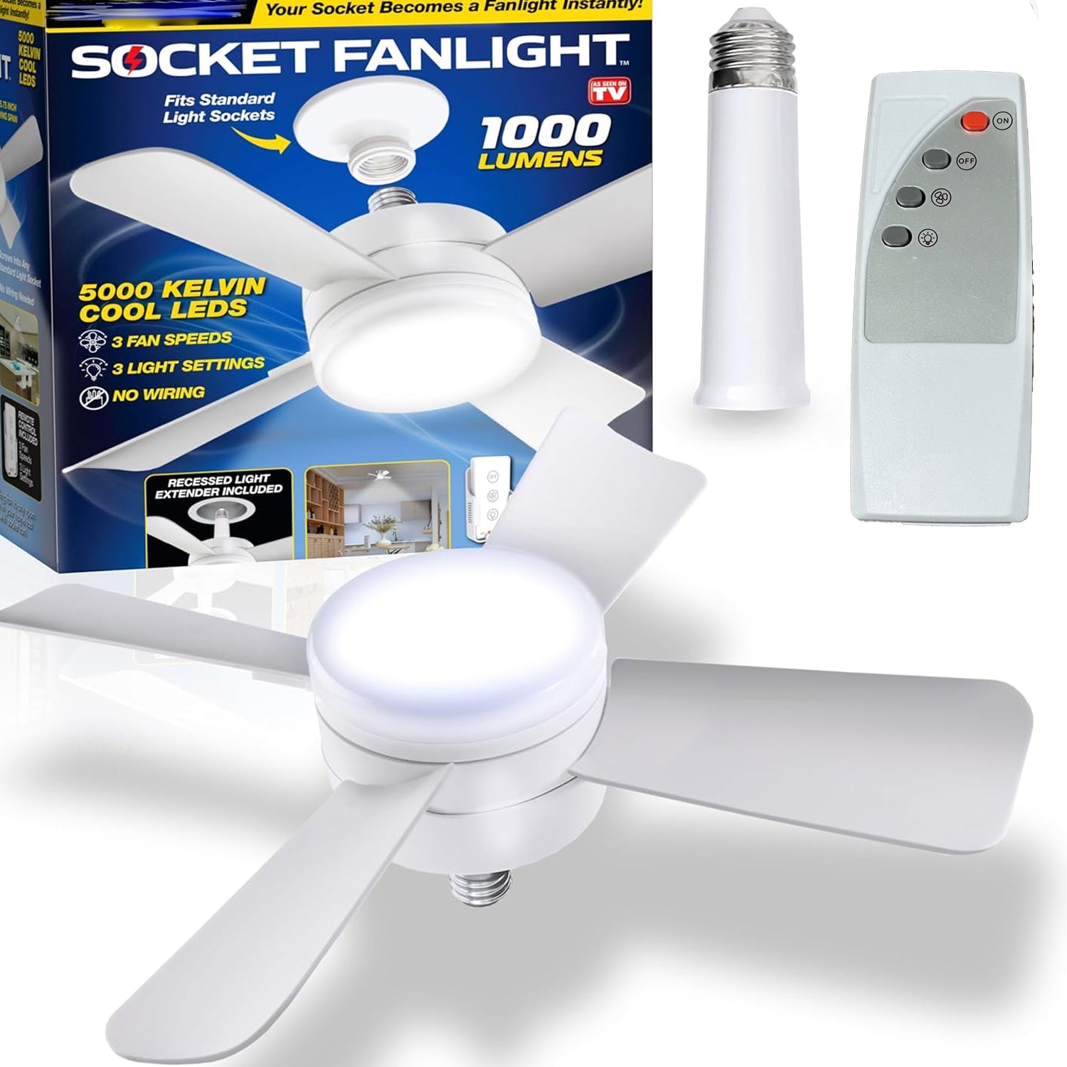 17845 Socket Fan Light Original - Cool Light LED โ Ceiling Fans with Lights and Remote Control, Replacement for Lightbulb - Bedroom, Kitchen, Living Room,1000 Lumens / 5000 Kelvins Cool LEDs (Remote Battery Not Included)