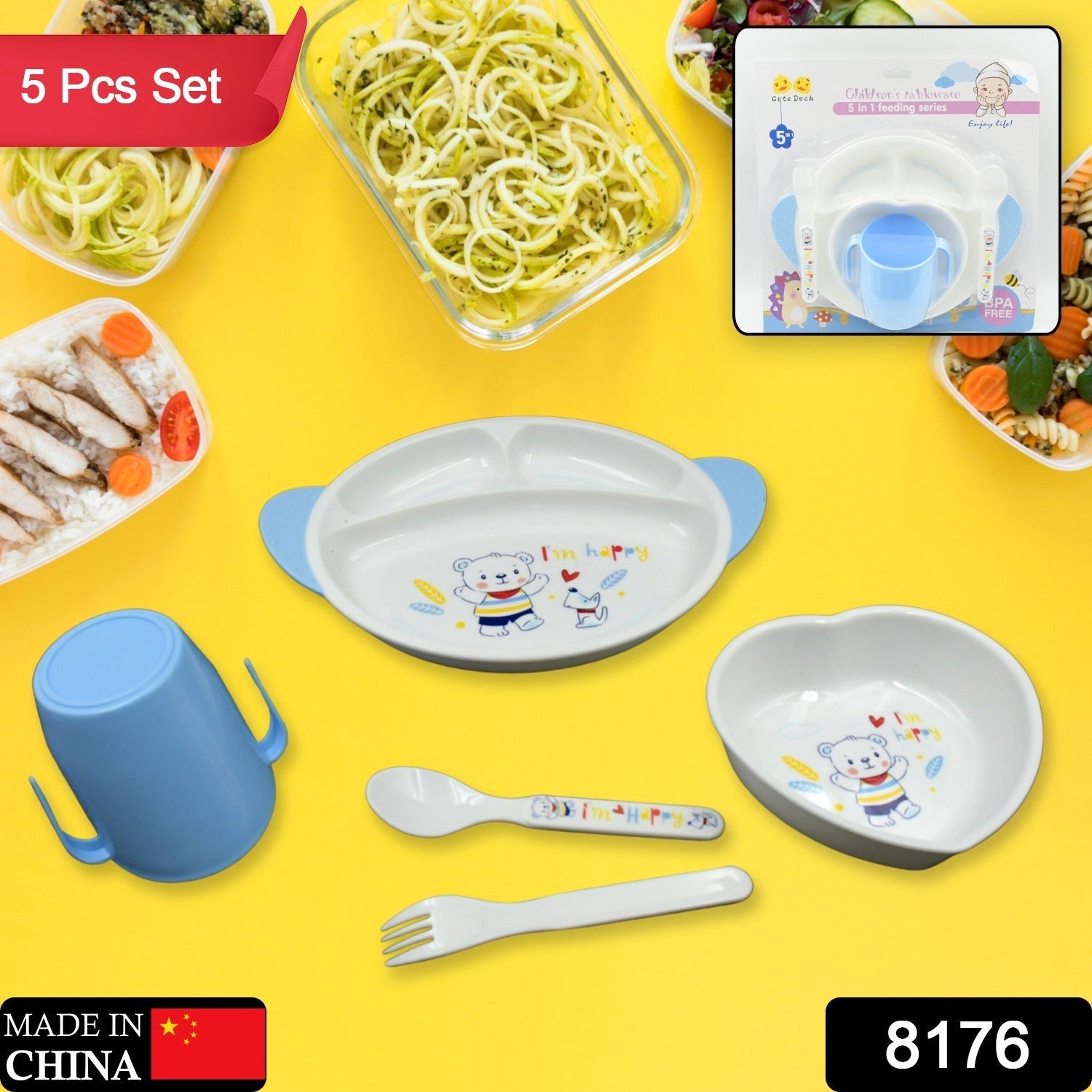 8176 5in1 Baby Feeding Set for Kids and Toddlers,Children Children Dinnerware Set - Feeding Set for Kids, Cartoon Design Plate, Cup, Spoon, Fork Tableware Cutlery for Kids Microwave & Dishwasher Safe (5 Pcs Set)