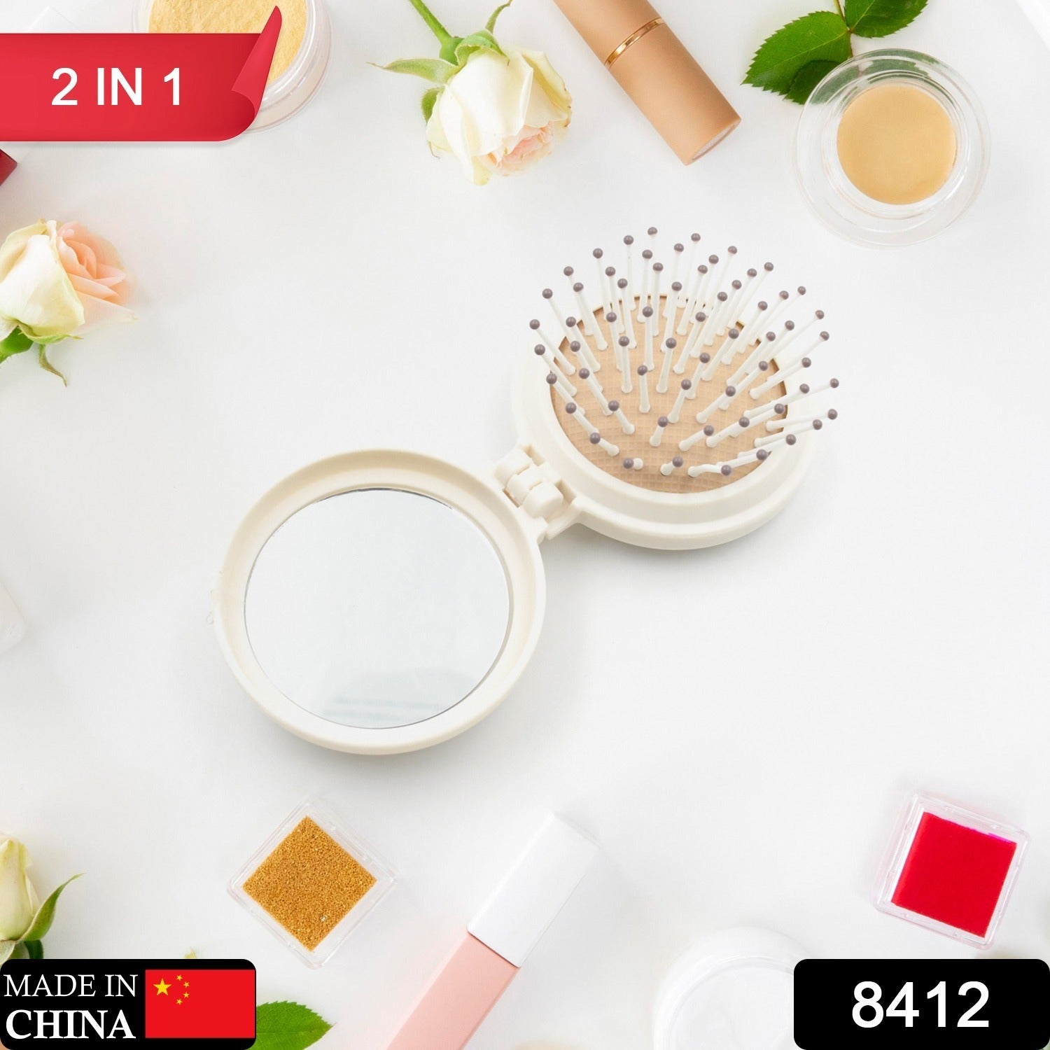 8412 Foldable Travel Mirror Hair Brushes, 1pc Round Portable Folding Pocket Hair Brush, Mini Hair Comb Compact Travel Size, Hair Massage Comb, For Men Women And Girls