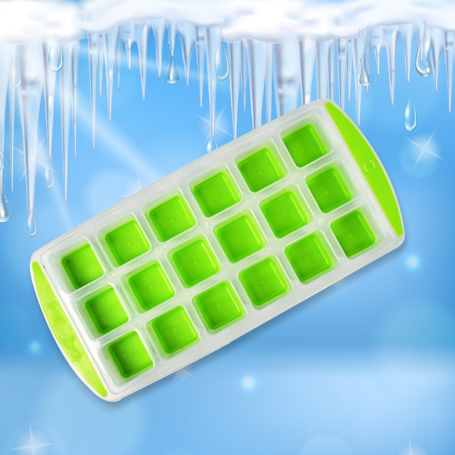 7169 18 Cavity Pop Up Ice Cube Tray Easy Release Flexible Silicone Bottom Ice Tray , Stackable Ice tray, 100% BPA Free, Food Grade for Freezer