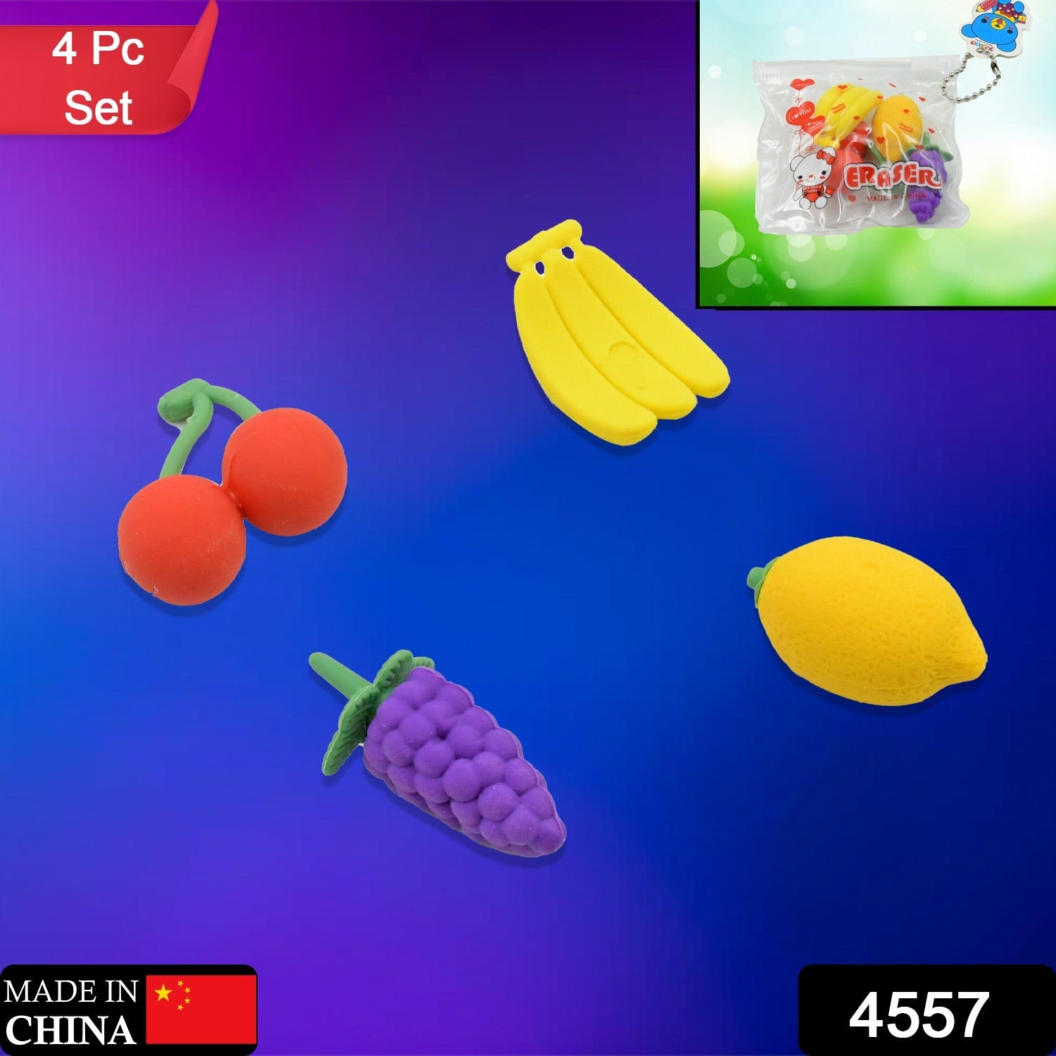 4557 Mini Cute Vegetables and Fruits Erasers or Pencil Rubbers for Kids, 1 Set Fancy & Stylish Colorful Erasers for Children, Eraser Set for Return Gift, Birthday Party, School Prize, 3D Erasers (4 pc Set)