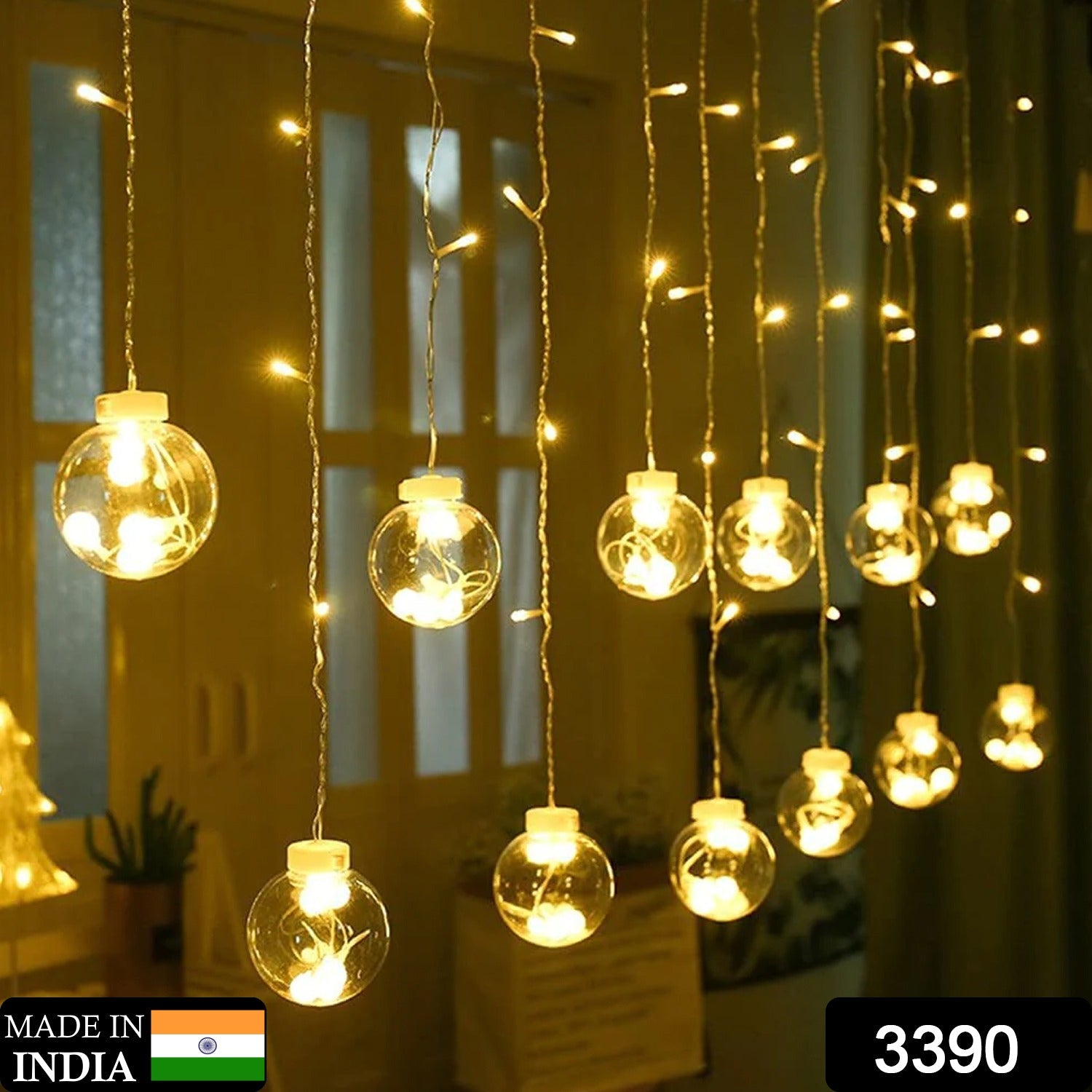 3390 12 Wish Balls Window Curtain String Lights with 8 Flashing Modes Decoration for Home Decoration, Diwali & Wedding LED Christmas Light Indoor and Outdoor Light ,Festival Decoration (Plastic, Warm White)