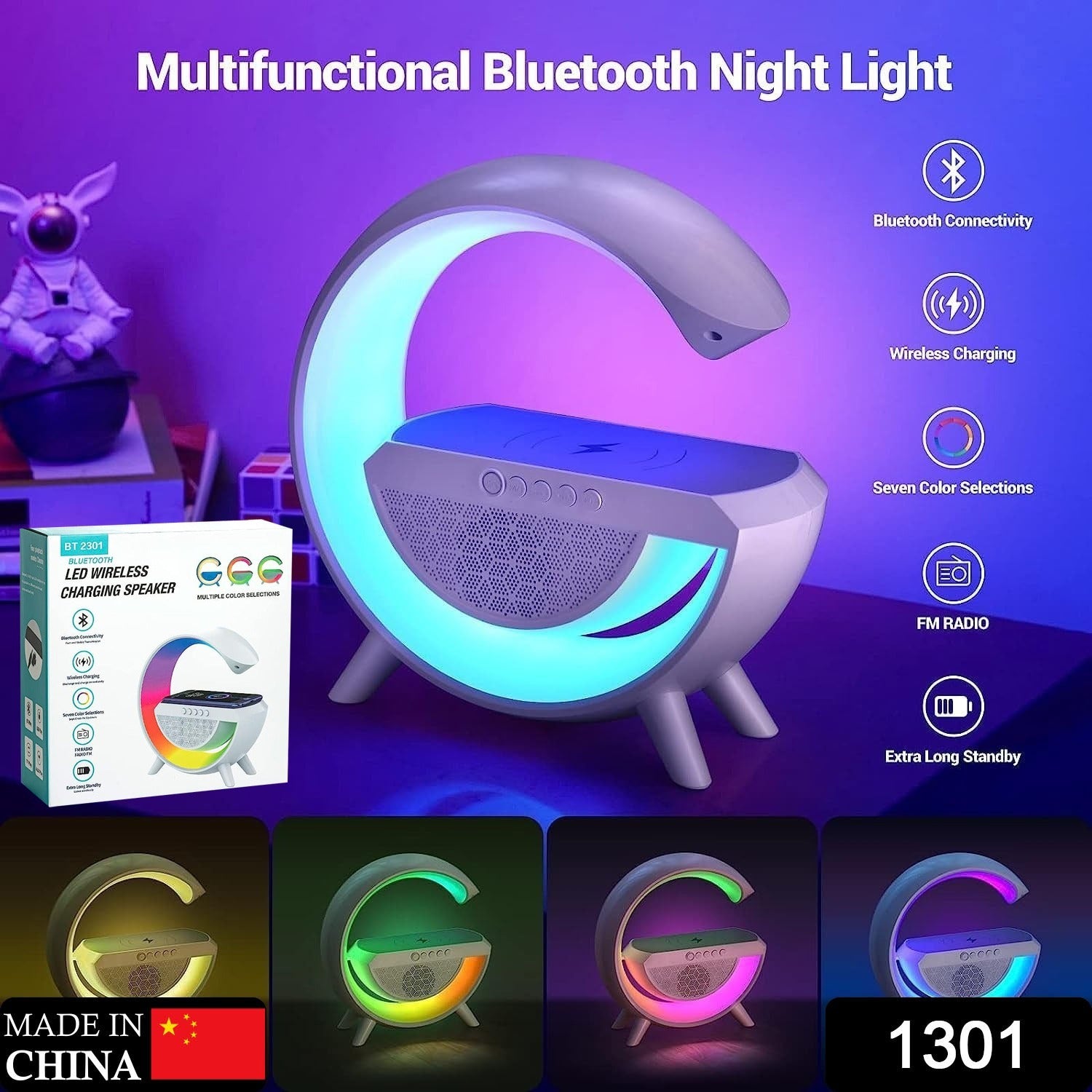 1301 3-in-1 Multi-Function LED Night Lamp with Bluetooth Speaker, Wireless Charging, for Bedroom for Music, Party and Mood Lighting - Perfect Gift for All Occasions blootuth speaker (Media Player)