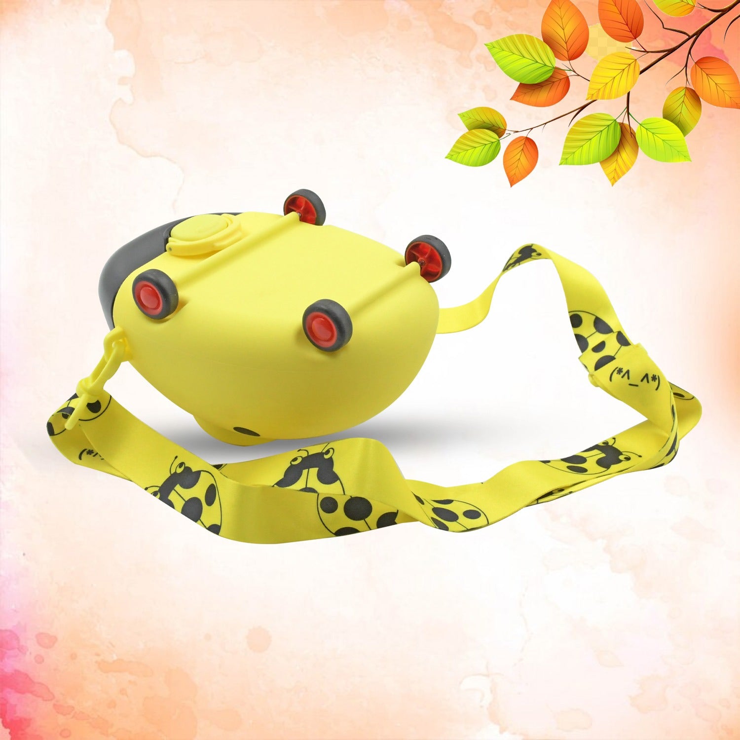 8822 Cute Plastic Bug Shape Water Bottle With Adjustable Shoulder Strap 4 Wheel Straw Portable Drinking Cup Water Bottle For Kids Water Bottle Return Gift For Kids Water Bottle With Straw School Kinds Water Bottle (1 Pc)