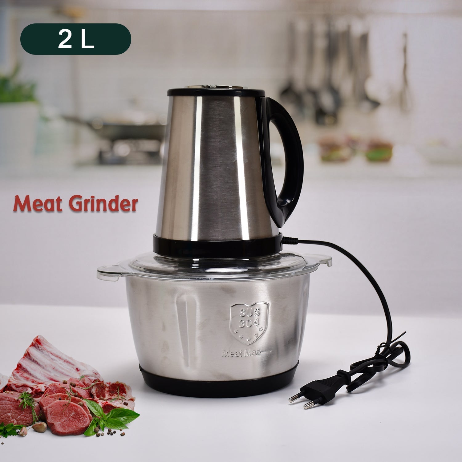 2362 STAINLESS STEEL ELECTRIC MEAT GRINDERS WITH BOWL HEAVY FOR KITCHEN FOOD CHOPPER, MEAT, VEGETABLES, ONION , GARLIC SLICER DICER, FRUIT & NUTS BLENDER (2L, 250WATTS)