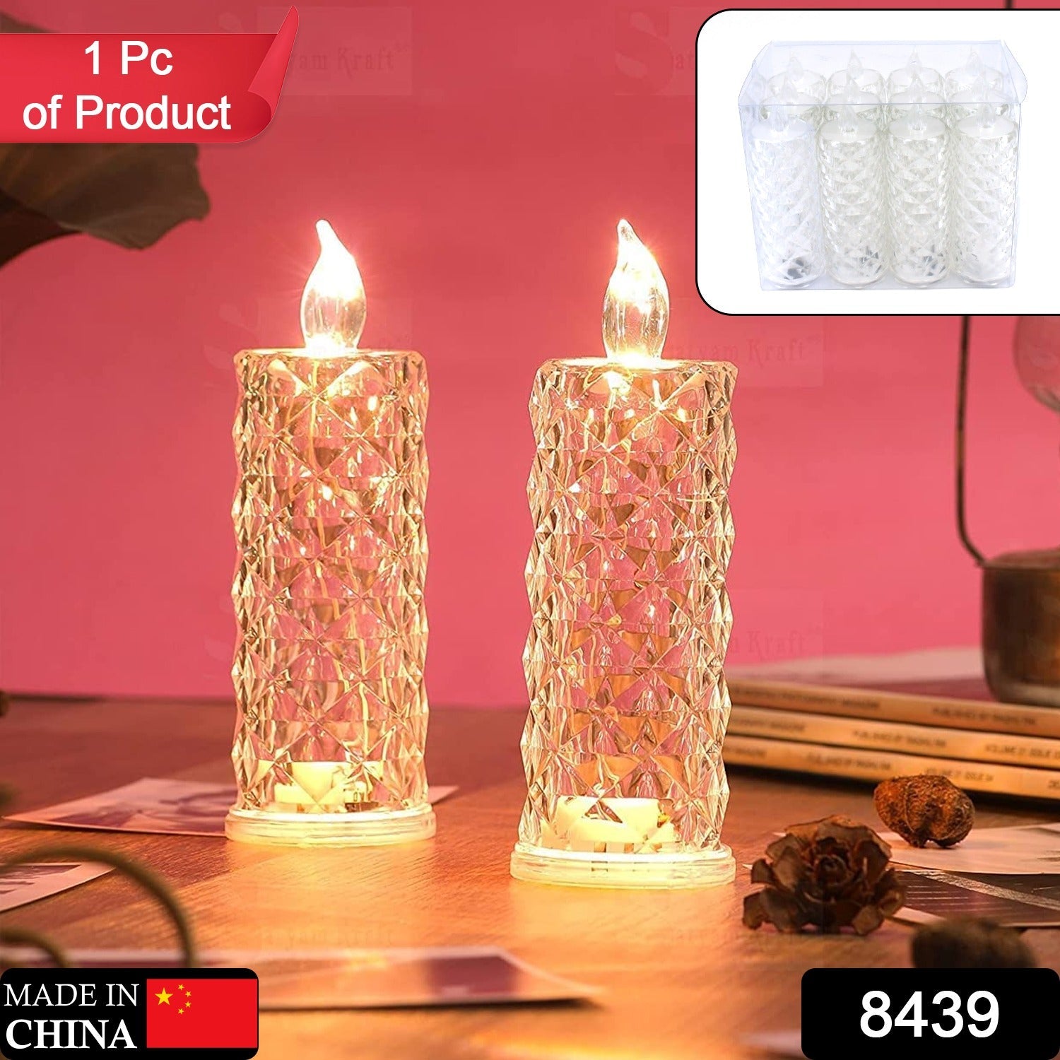 8439 Rose Candles LED Flameless and Smokeless Decorative Acrylic Transparent Candles Led Tea Light Candle Perfect for Gifting, Home, Diwali, Christmas, Crystal Candle Lights (1 Pc) (MOQ :- 12 pc )