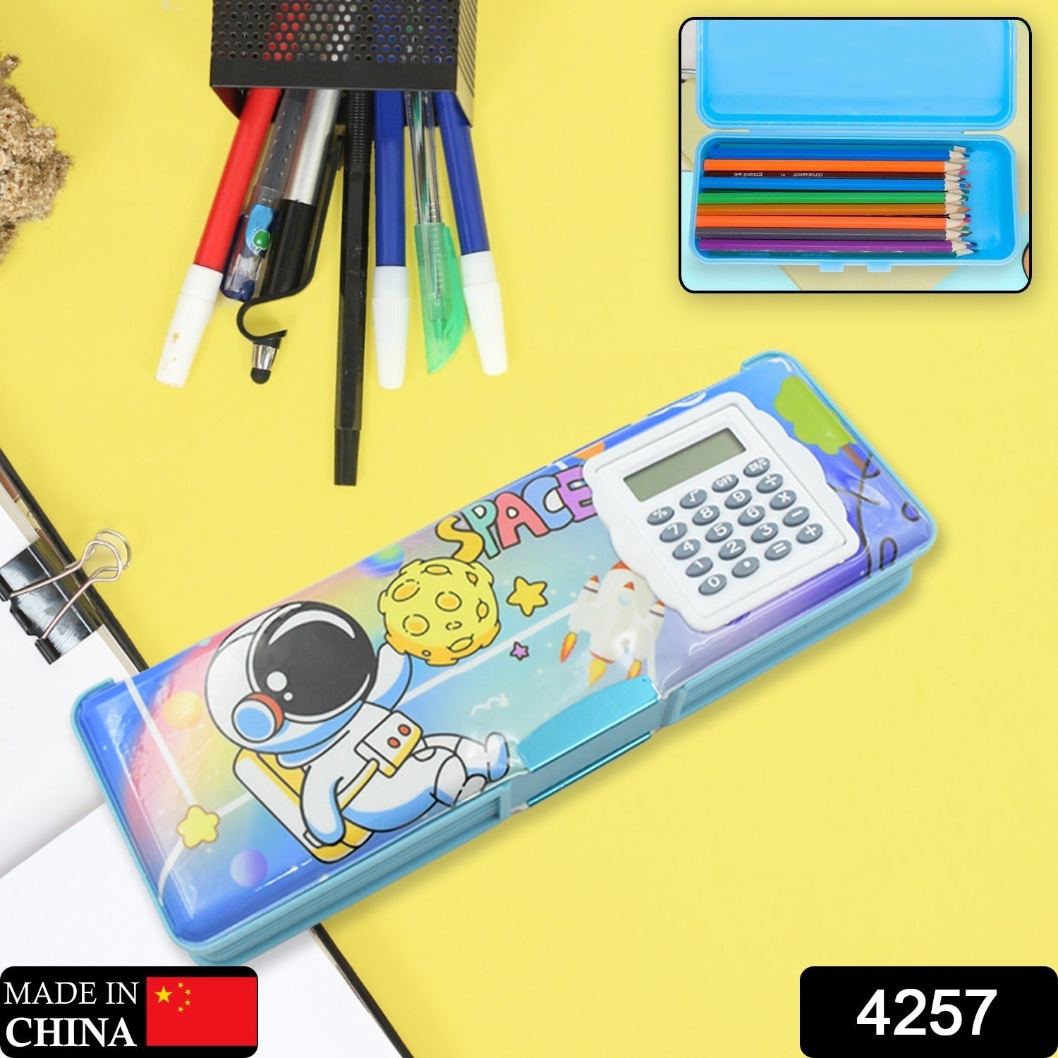 4257 Double Sided Magnetic Geometry Box, Pencil Box with Calculator for Boys Art Plastic Pencil Box for Girls and Boys