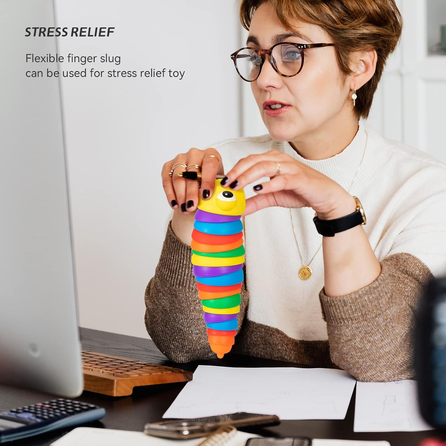 17594 3D Rainbow Color Plastic Slug Fidget Toys, Stress Relieving Toy, Sensory Slug Toy for Boys and Girls, Finger slug Toy, for Autistic, Caterpillar Fidget Toys Stress Relief Gifts for Toddlers Kids Adults (1 Pc)