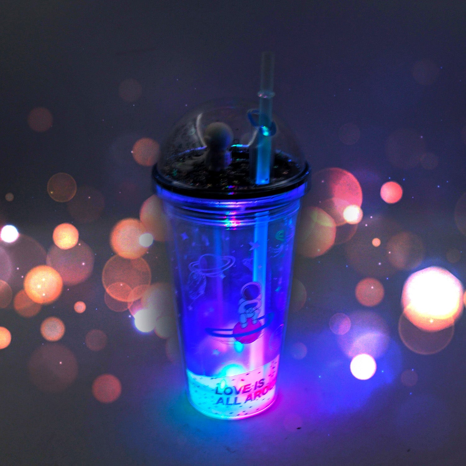6883B LED Glow Light, Design Printed Insulated Double Wall Plastic Tumbler Cups With Straws 13oz Theming Astronaut in Space Travel Tumbler Freezer Mug Drinking Cups for Boys and Girls School/Tuition/Gym/ Picnic (Pack Of 1)