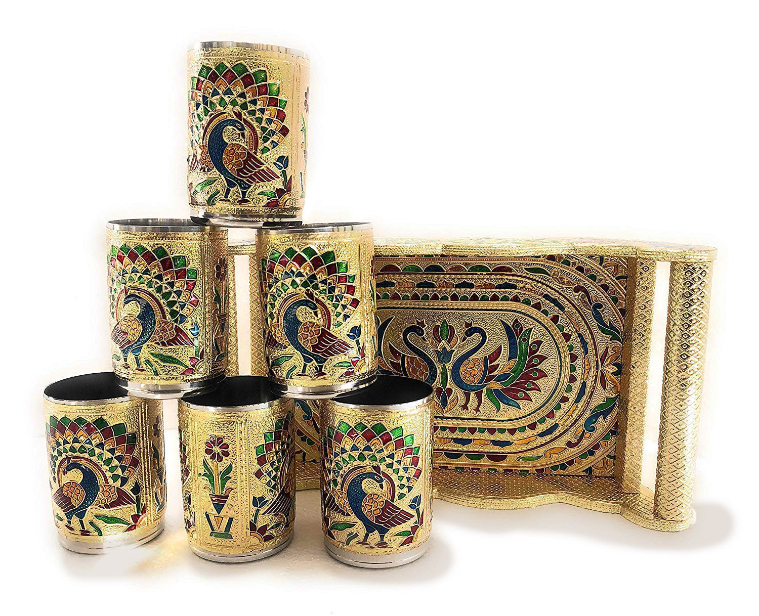 2125 Peacock Design Glass with Handle and Handicraft Serving Tray Set