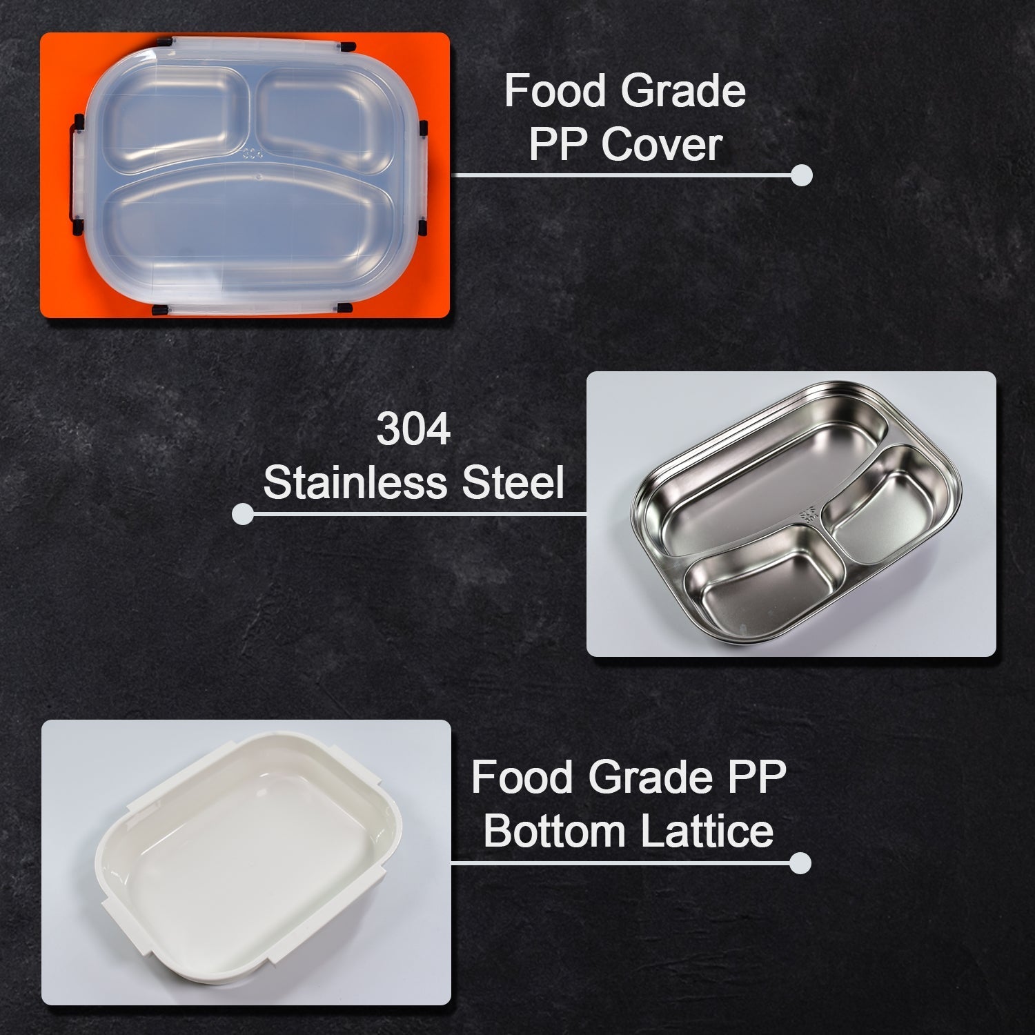 2980 White Transparent Lunch Box for Kids and adults, Stainless Steel Lunch Box with 3 Compartments.