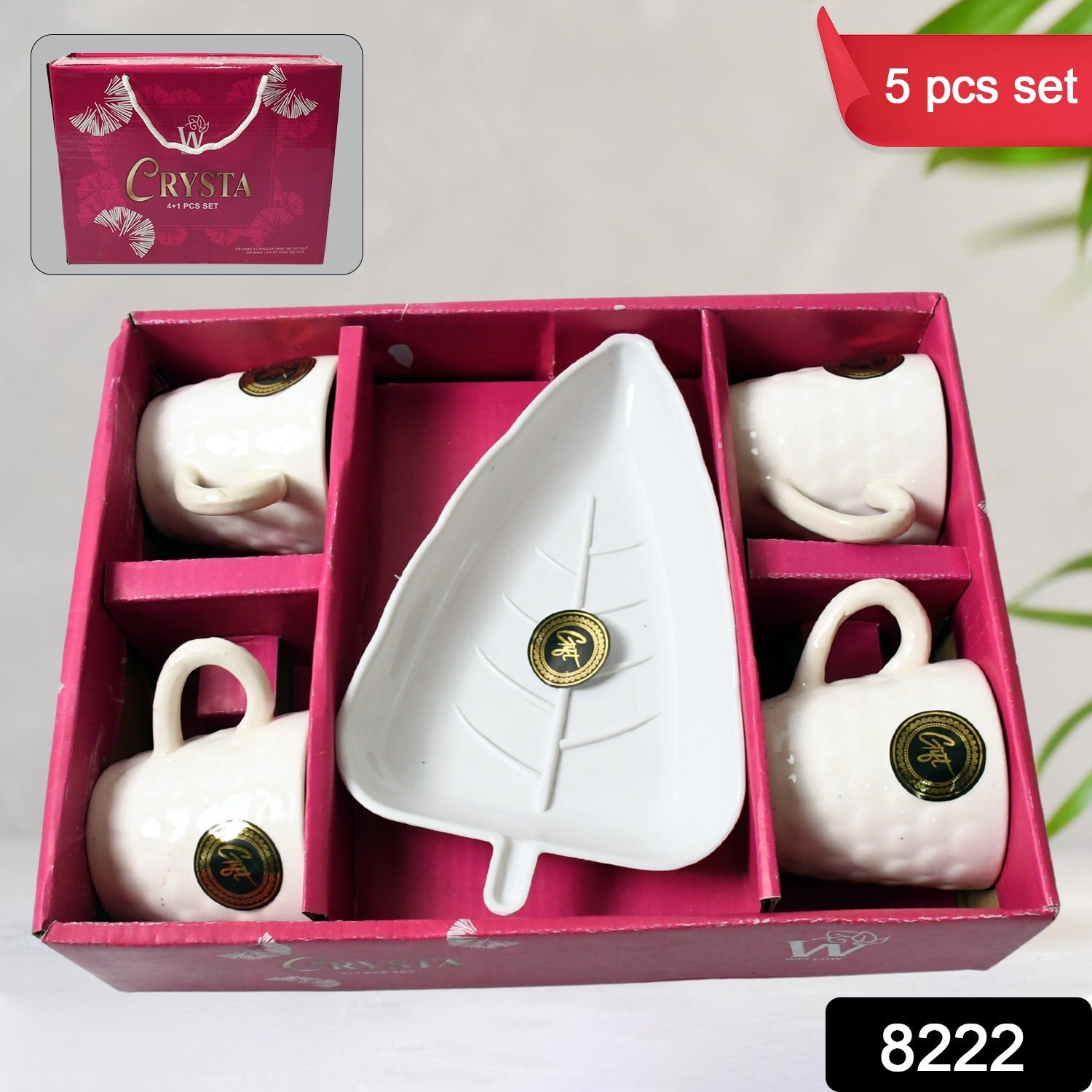 8222 Crysta Ceramic Tea Cups With Plastic tray Environmental Friendly Festival for Milk Cup, Coffee Cup, Tea Cup, Breakfast Cup, Drinking Mug or Outdoor for Household Gift For Birthday (5 Pcs Set)