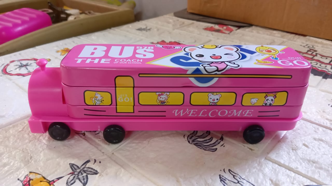 4672 Double Decker Magic Bus Compass 2 Layer Metal Bus Compass Pencil Case with Movable Wheels & Sharpener Bus Shape with Tiers Metal Pencil Box for Kids Birthday Party