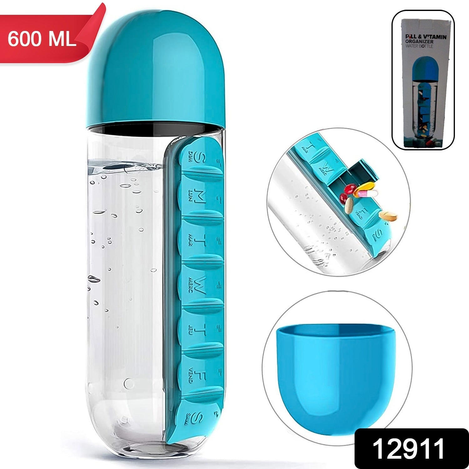 12911 Pill & Vitamin Bottle, Water Bottle Multi Functional Use for Traveling & Outdoor Use Water Bottle, Travelling kit, Summer Special Bottle (600 Ml / Mix Color )