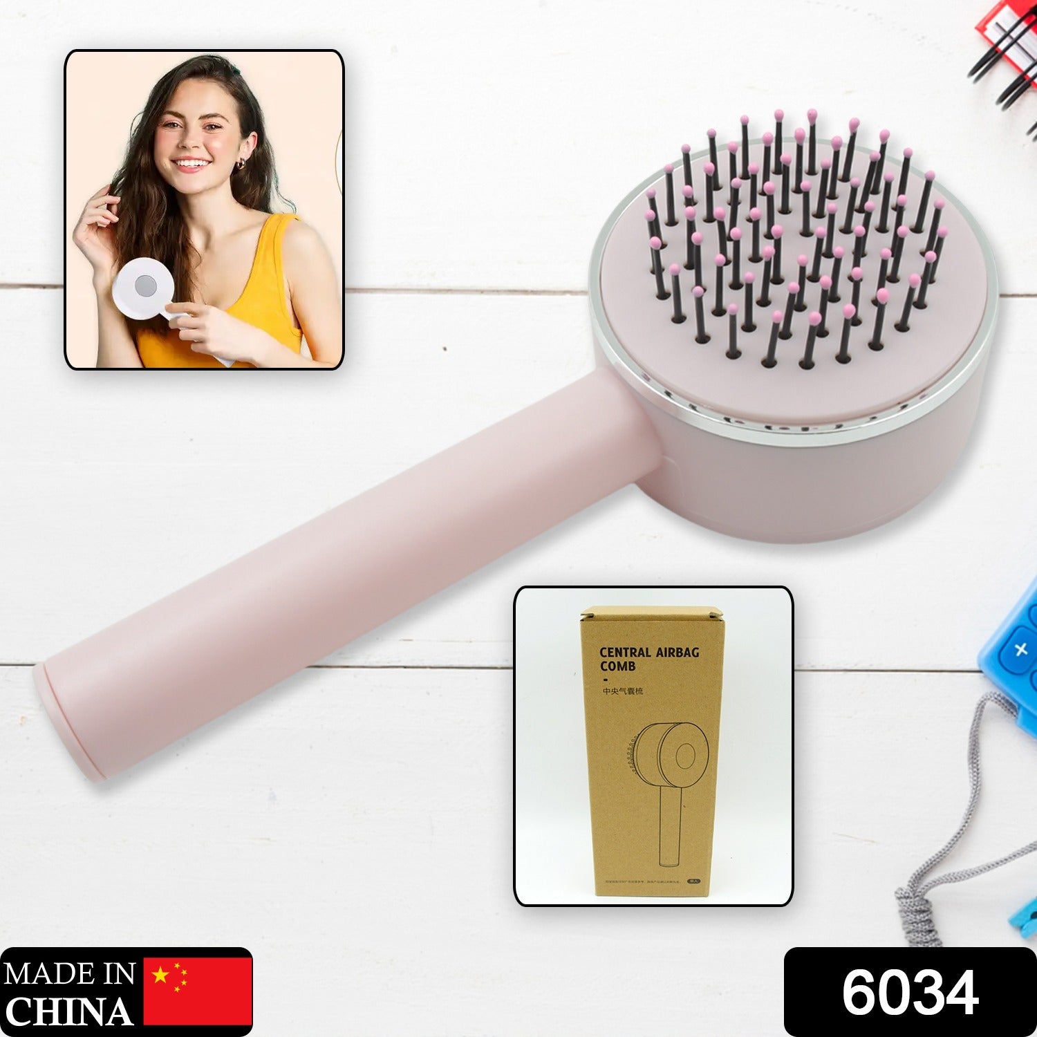 6034 Air Cushion Massage Brush, Airbag Massage Comb with Long Handle, Self-Cleaning Hair Brush, Detangling Anti-Static for All Hair