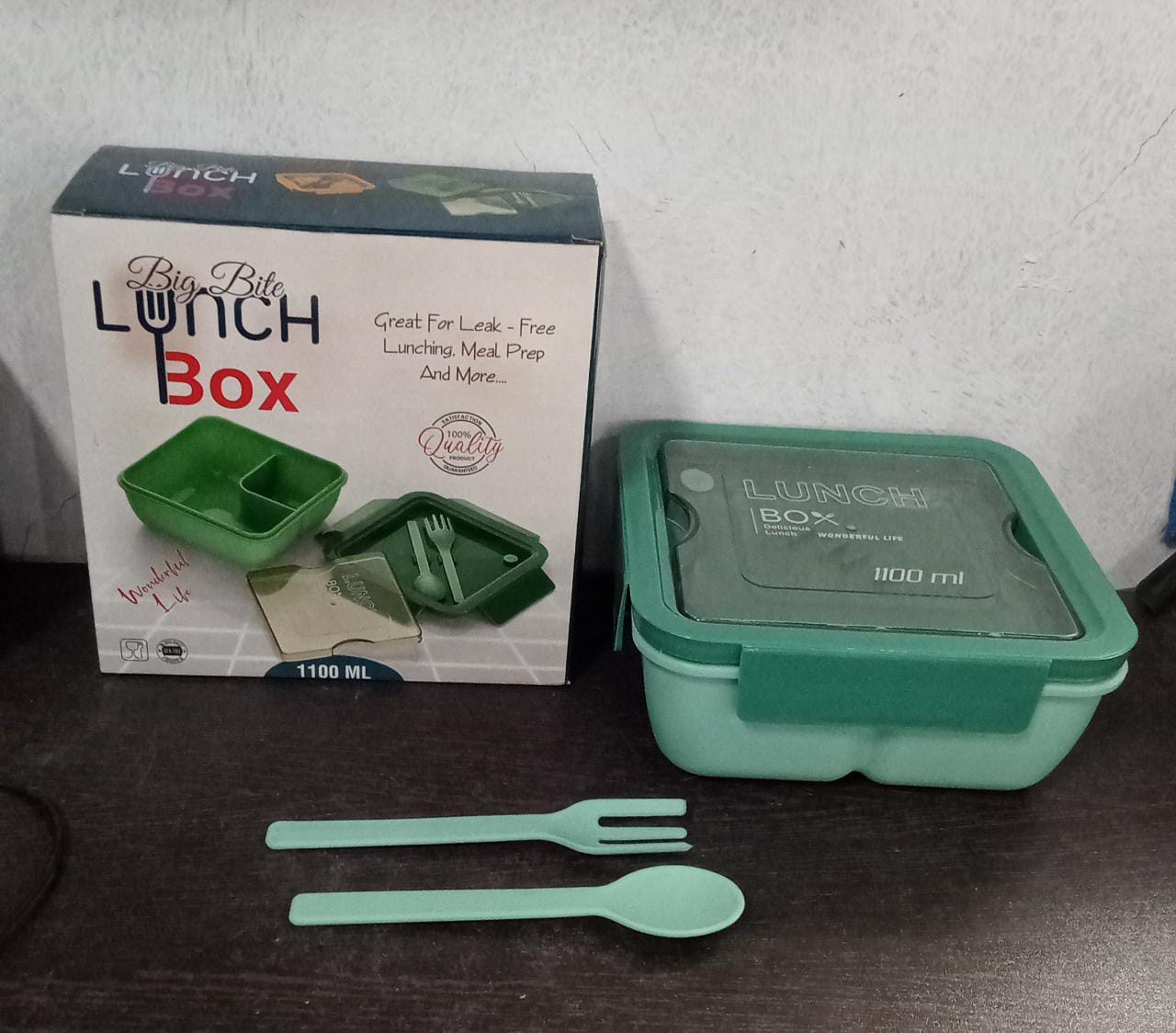 5336 Lunch Box Food Grade Plastic 2 Compartment Containers with Spoon and Fork Microwave Freezer Safe Leak Proof Tiffin Box Ideal for Adult & Kids