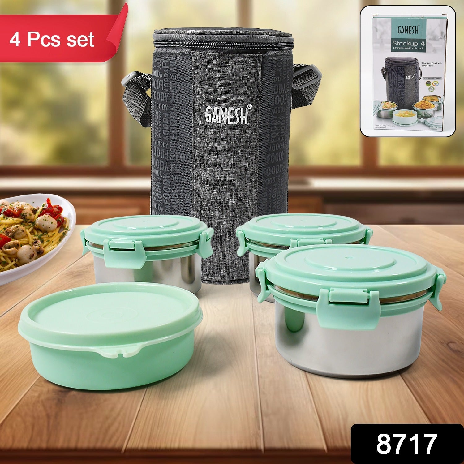 8717 Ganesh 4In1 Tiffin Box-Lunch Box | 3 Stainless Steel Containers 300 Ml Approx & Plastic Salad Container 200 Ml Approx| Plastic lid Box | Round Zip Bag | Leak Proof | Microwave Safe for Office, College and School for Men, Women