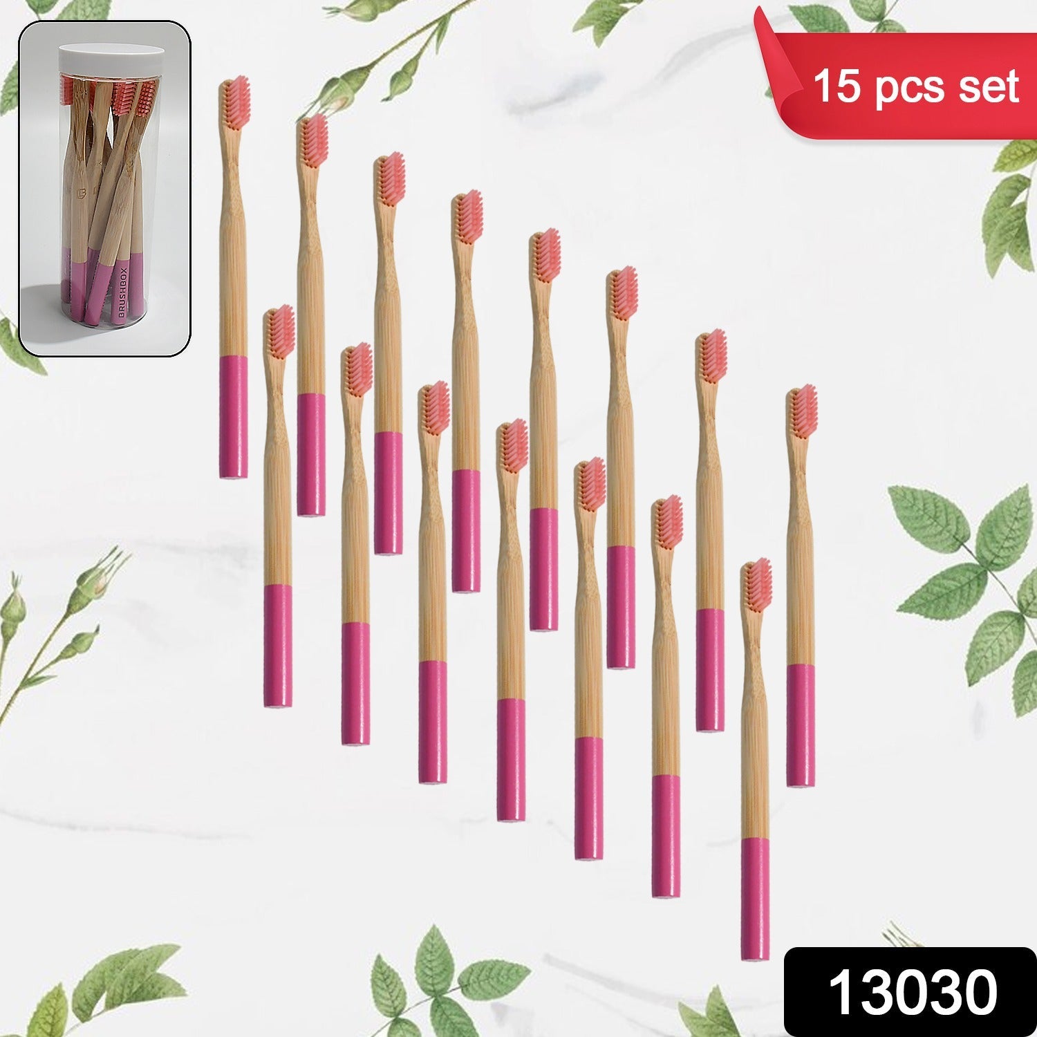 13030 Bamboo Wooden Toothbrush Soft Toothbrush Wooden Child Bamboo Toothbrush Biodegradable Manual Toothbrush for Adult, Kids (15 pcs set / With Round Box)