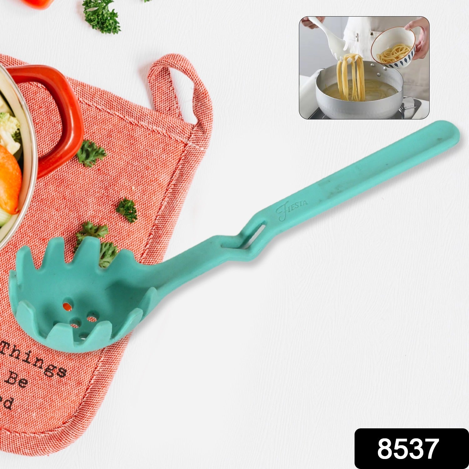 8537 Premium XL Silicone Pasta Fork, High Heat Resistant to 600°F, Hygienic One Piece Design, Spaghetti Strainer & Server Spoon