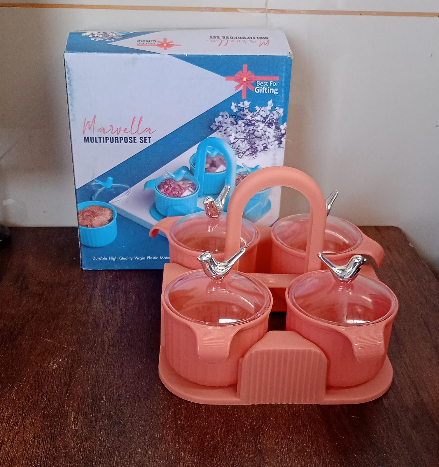 8221 Multipurpose Silver Sparrow, Jar Dry fruit Set, for Home and Kitchen Airtight Dry Fruit Plastic Storage Container Tray Set With Lid & 4 Serving Jar Container for Sweets, Chips, Cookies | (4 Pc Set)