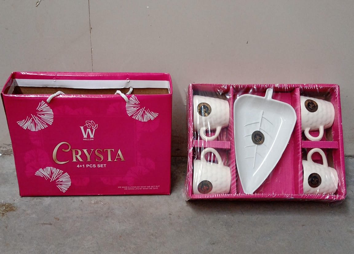 8222 Crysta Ceramic Tea Cups With Plastic tray Environmental Friendly Festival for Milk Cup, Coffee Cup, Tea Cup, Breakfast Cup, Drinking Mug or Outdoor for Household Gift For Birthday (5 Pcs Set)