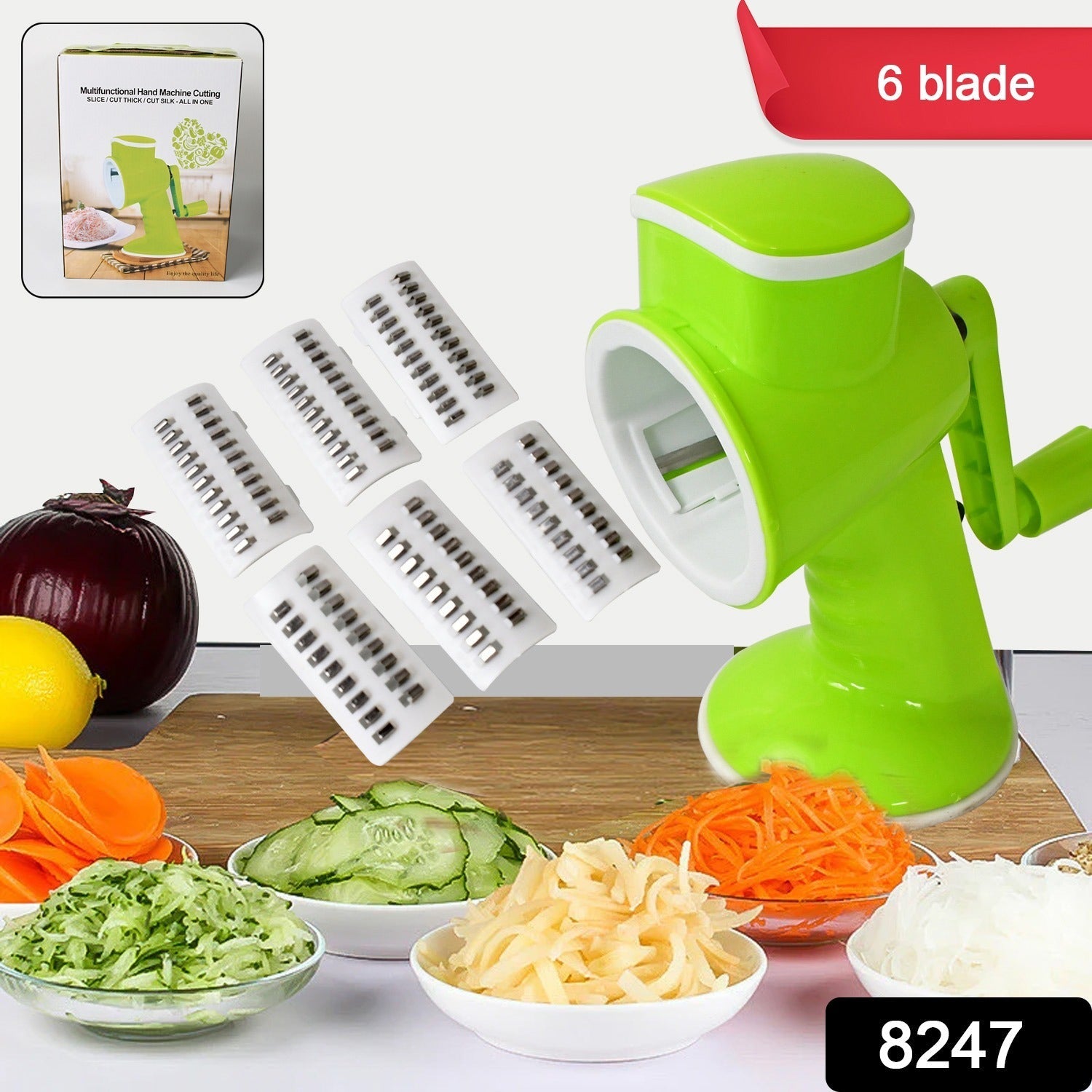 8247 6 in 1 Multi functional Vegetable Cutter & Slicer Hand Machine Cutting, Slice, Cut Thick, Cut Silk All in one βVegetable Chopper Cutter & Slicing Cutter Barrel - Vegetable Grater with 6 Removable Blades