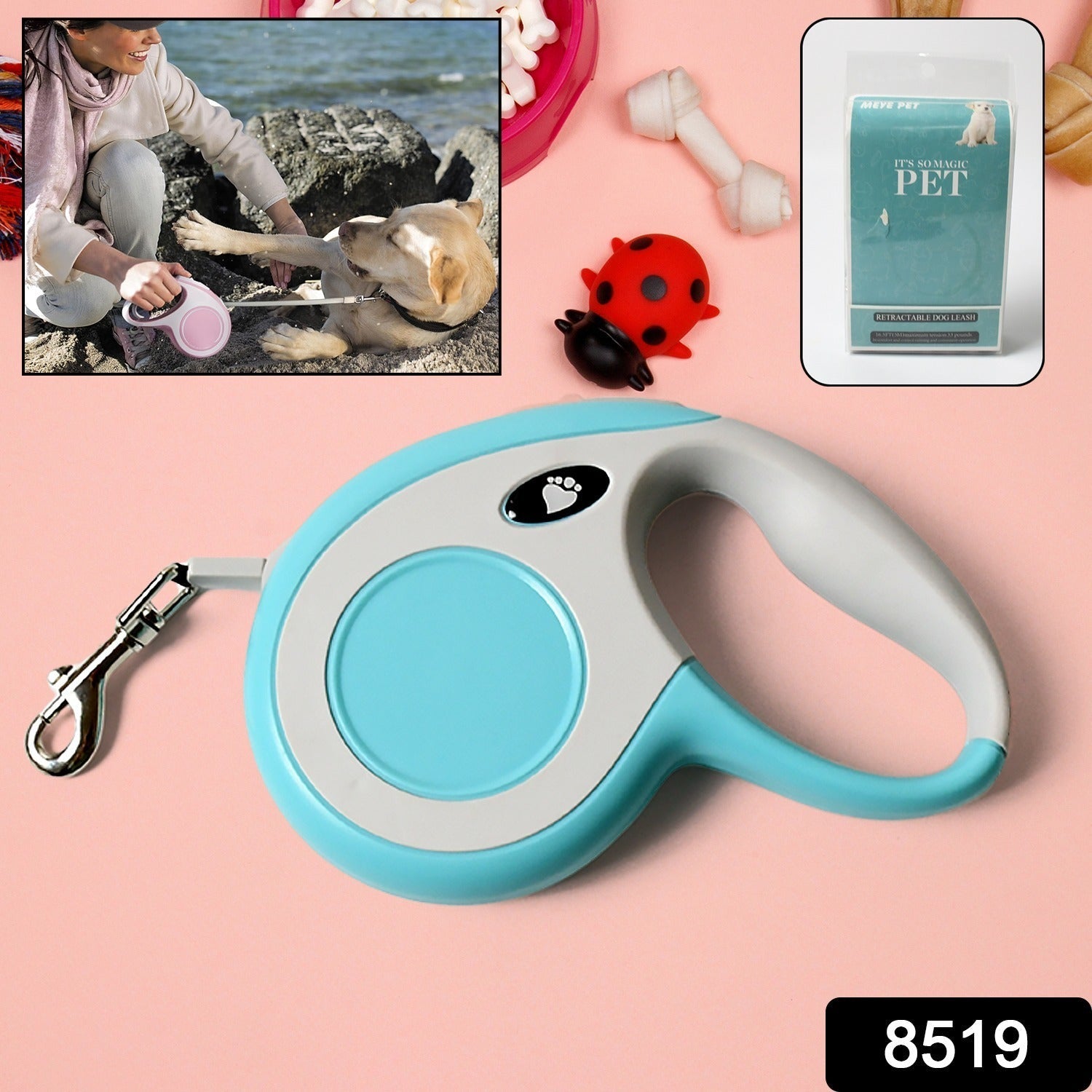 8519 Retractable Dog Leash, Pet Walking Leash with Anti-Slip Handle, Strong Nylon Tape, Tangle-Free, One-Handed One Button Lock & Release, Suitable for Small / Medium Dog Or Cat, 16.5 ft (5 m)