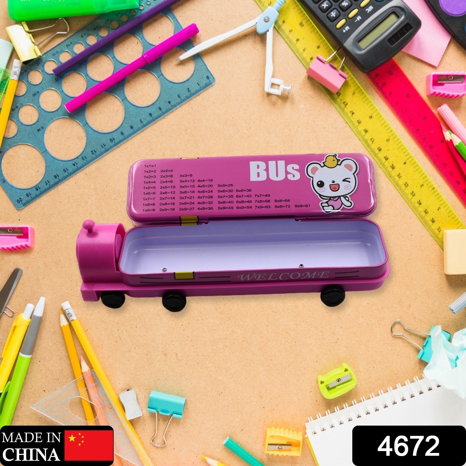 4672 Double Decker Magic Bus Compass 2 Layer Metal Bus Compass Pencil Case with Movable Wheels & Sharpener Bus Shape with Tiers Metal Pencil Box for Kids Birthday Party