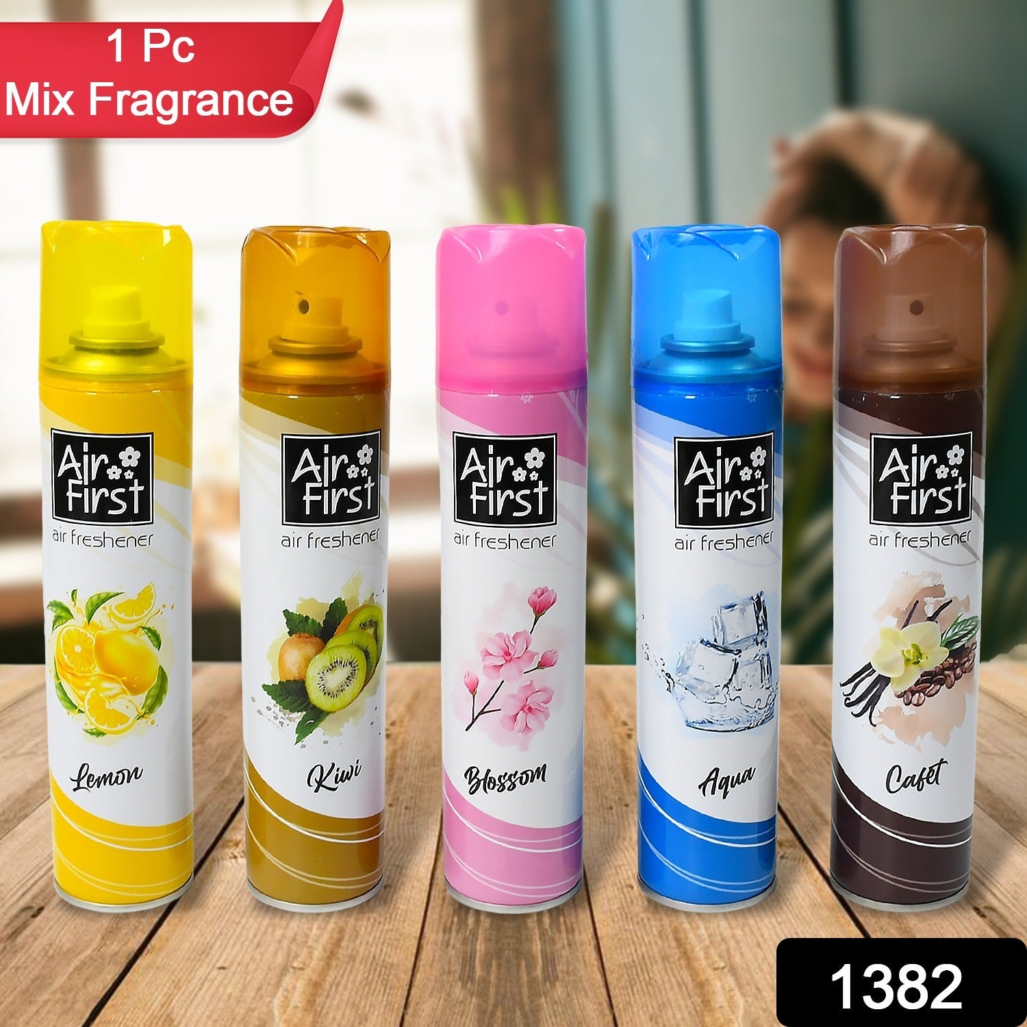1382 Air Freshener | Used In Office, Home, Hotels, Banquets, Carpet Etc, Room Spray Air Freshener, Mix Fragrance Lemon, Kiwi, Blossom, Aqua, Cafet (300 Ml Approx / 1 Pc)