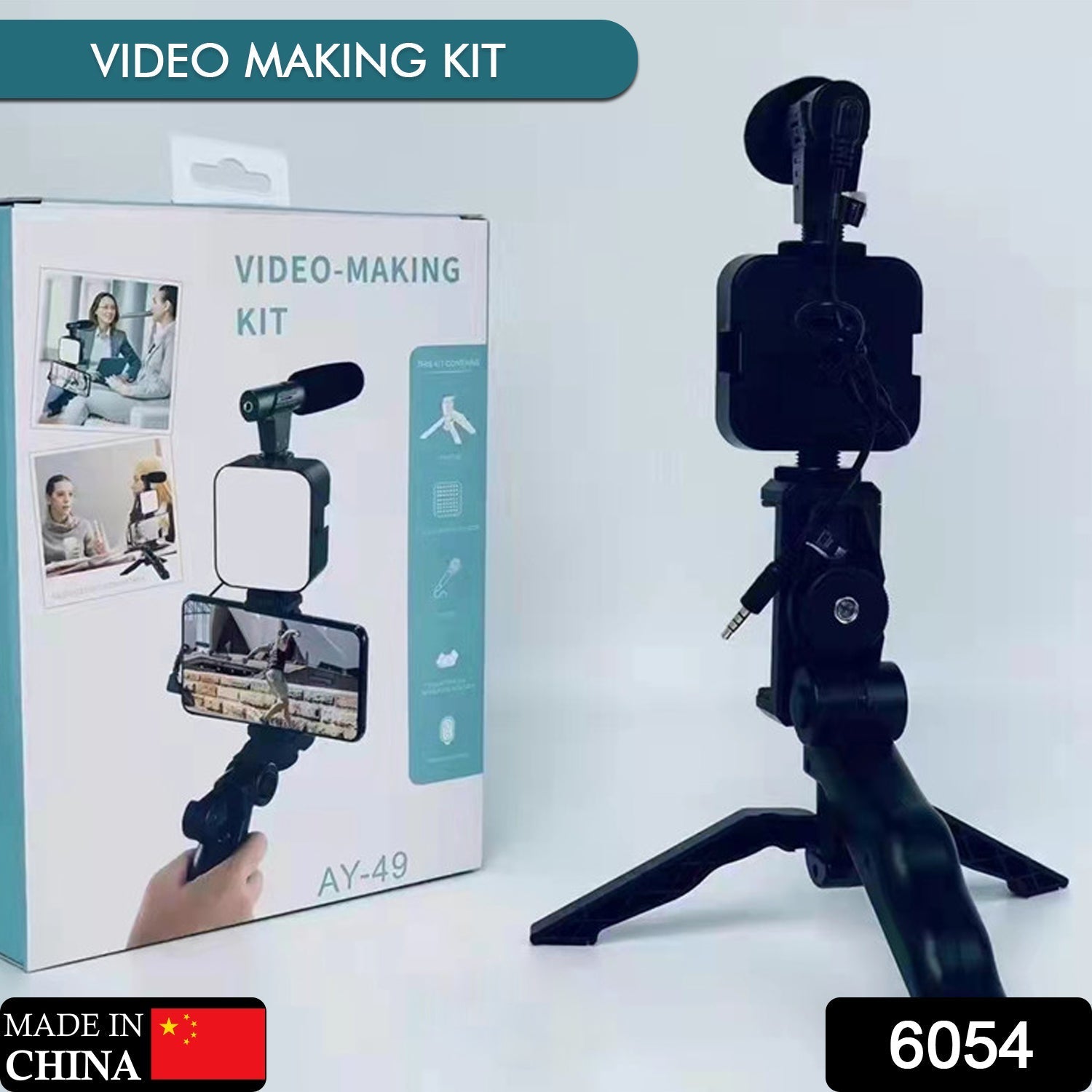 6054 Vlogging Kit for Video Making with Mic Mini Tripod Stand, LED Light & Phone Holder Clip for Making Videos 