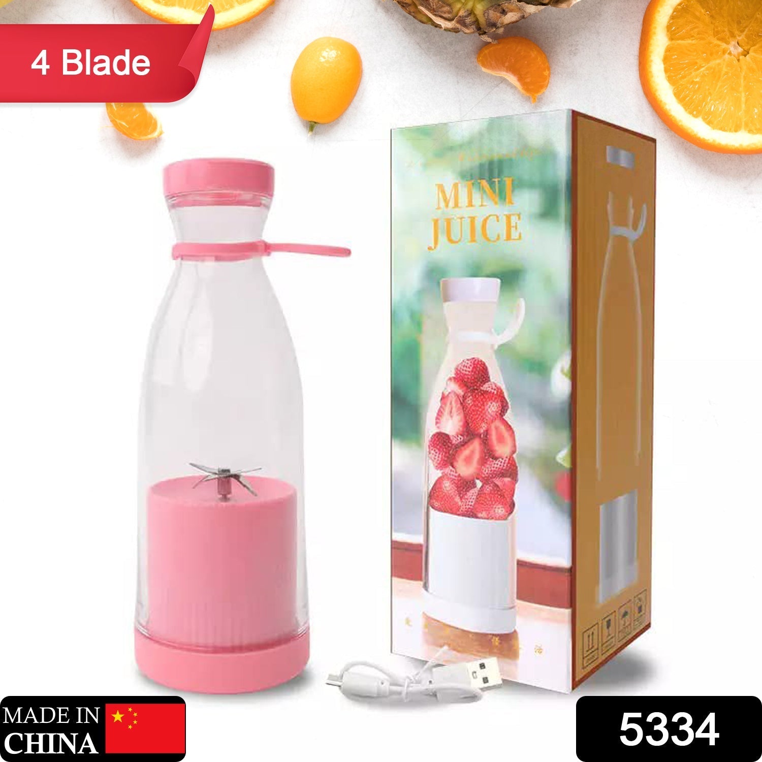 5334 Blender Portable Juicer for Smoothie , Juice , Vegetable Shakes with 4 Blades Wireless Charging Mini Personal Size Mixer Bottle Grinder, 380 Ml Multicolor 