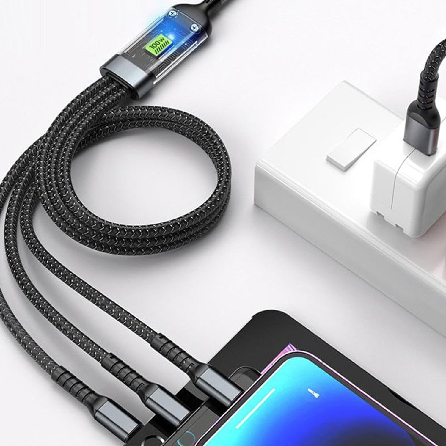 13111 3-in-1 Super Fast Charging Cable 100w, Multifunctional Convenient Super Fast Charging Cable Nylon Braided Cord, 3-in-1 Silicone Zinc Alloy 3 Head Charging Cable