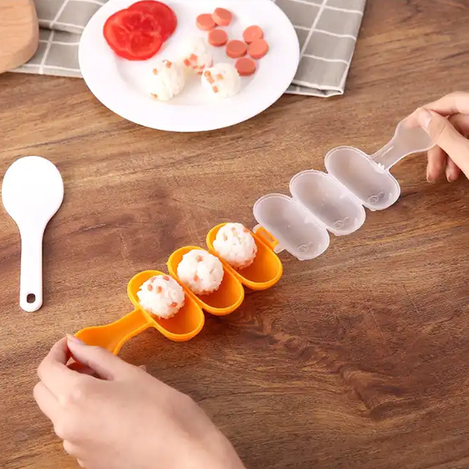 5826 Rice Ball Mold Shaker Sushi Roll Maker 3 Compartment Kitchen Tools for Kids Shake DIY Lunch with a Mini Rice Paddle for Home Party Meal Make, Kids DIY Lunch Maker Mold