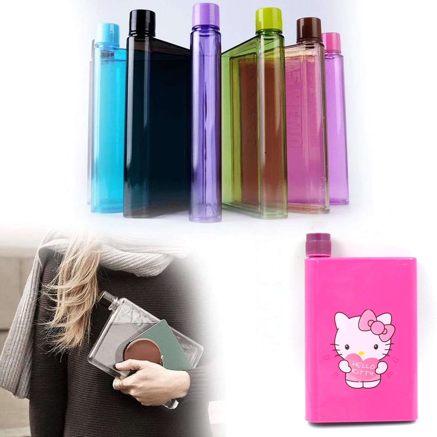 0147 Kitchen Storage A5 size Flat Portable NoteBook Shape Water Bottle With a Cartoon Character Design-Hello Kitty - For School Outdoors and Sports Return Gift/Birthday Gift (1 Pc 420ML)