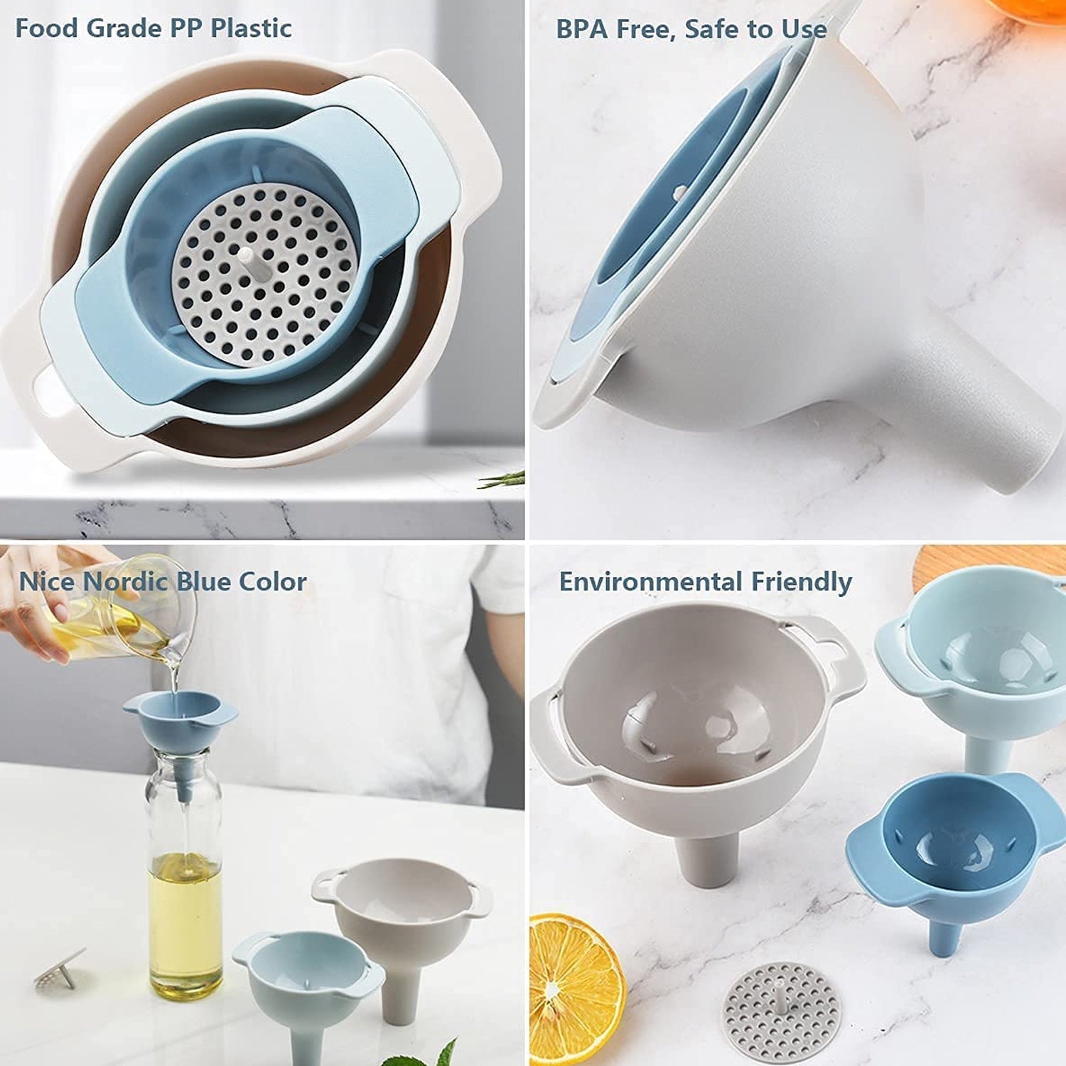 12007 3 in 1 Kitchen Funnel Set of 3, Funnel for Filling Bottle, Small Canning Funnel with Handle, Food Grade Plastic Funnel with Detachable Strainer Filter for Liquid, Dry Ingredients, and Powder