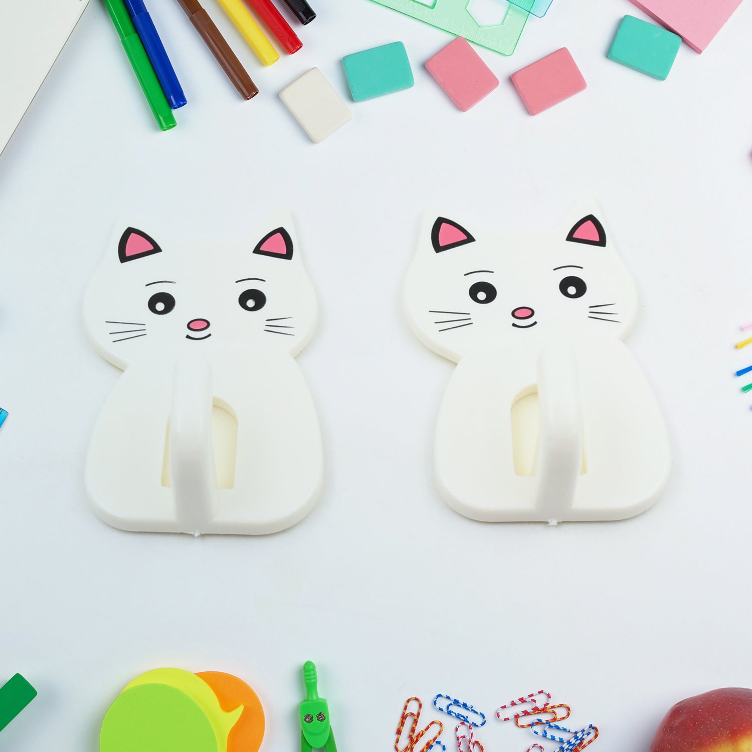 17616 Cute Cat Wall Mounted Hook, Heavy&nbsp;Duty Hook, Sticky Hook Household, For Home, All Type Wall Use Hook, Suitable for Bathroom, Kitchen, Office (2 Pc Set)