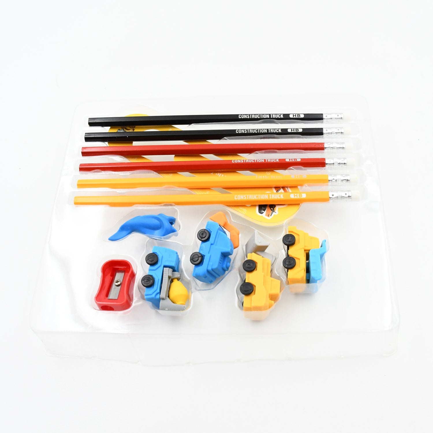 4547 Pencil and Eraser Set, Construction Truck Theme Stationery Kit Includes 6 Pencils, 4 Erasers, 1 Sharpener, 1 Ruler Bookmark, 1 Pencil Cap Stationary For Birthday Gifts for Kids, Birthday Return Gifts (13 Pc set)