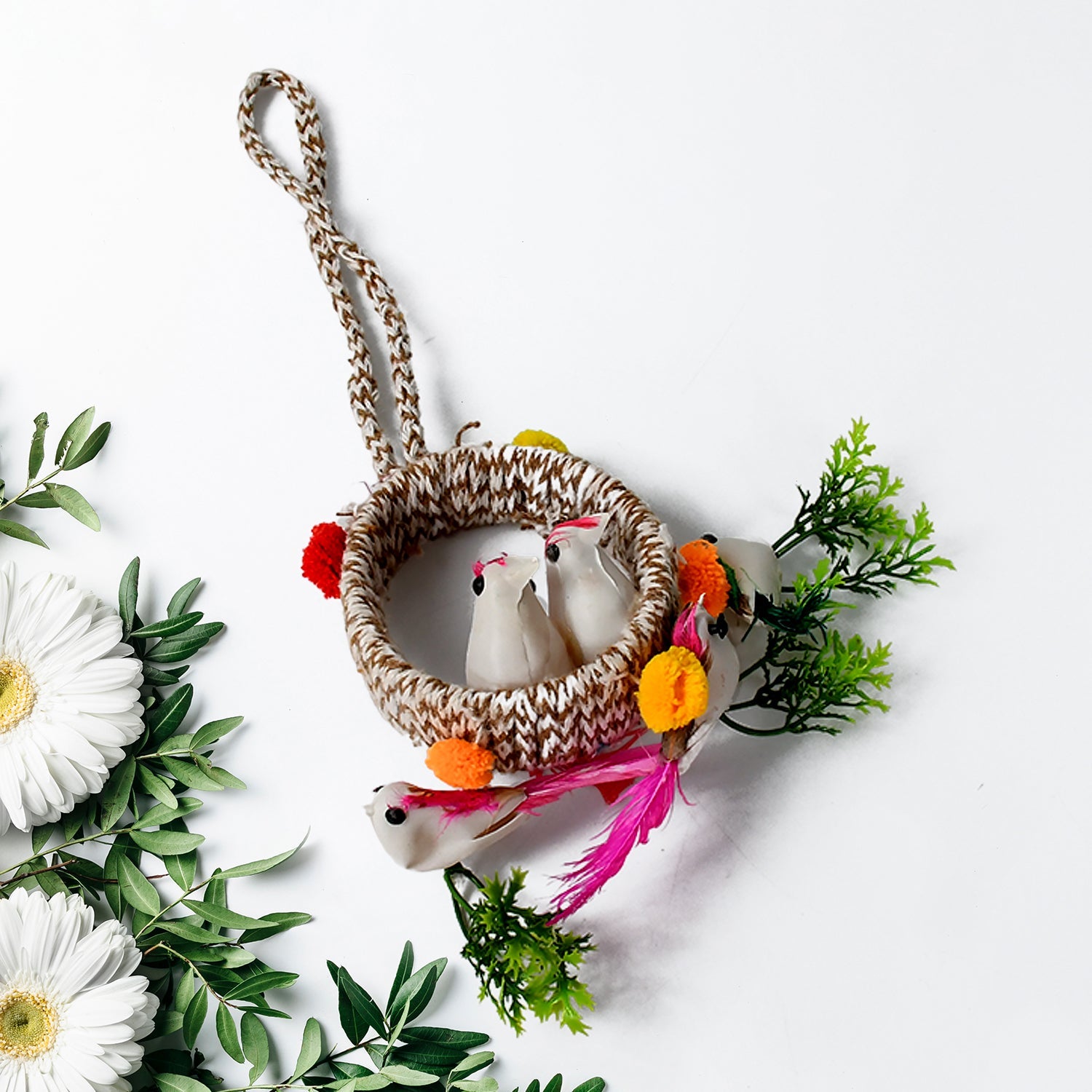 Home Decoration Bird Nest Decor Lovely Beautiful Artificial Birds Jute Nest Hanging for Balcony and Garden Decoration |Home Decor Wall Hanging Decorative Showpiece (1 Pc / Mix Color)