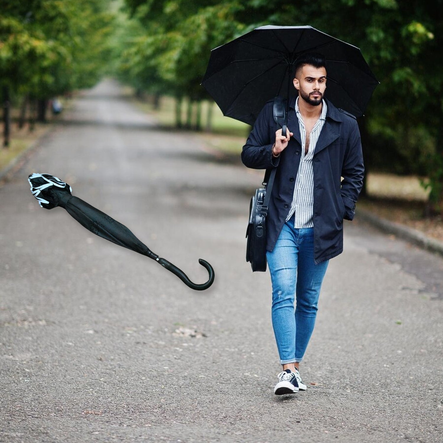 8568 Travel Umbrella Windproof Umbrella Compact Folding Reverse Umbrella Unique Folding Umbrella With U- Shape Big Handle (1 pc)